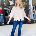 Scalloped Sweater Top - Taupe-230 Sweaters/Cardis-ENTRO-July & June Women's Fashion Boutique Located in San Antonio, Texas