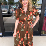 Mocha & Rust Floral Midi Dress-500 Midi-ENTRO-July & June Women's Fashion Boutique Located in San Antonio, Texas