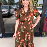 Mocha & Rust Floral Midi Dress-500 Midi-ENTRO-July & June Women's Fashion Boutique Located in San Antonio, Texas