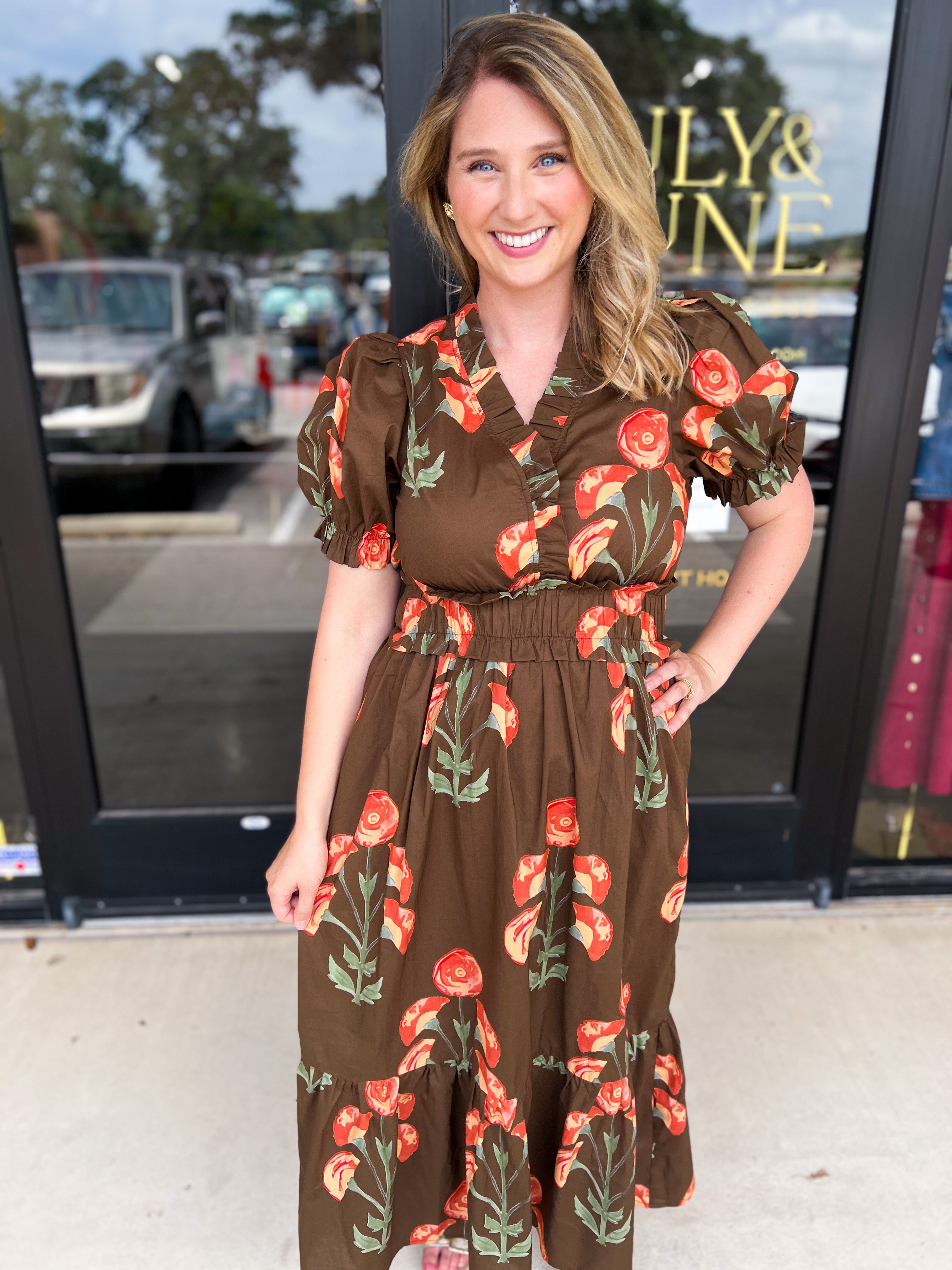 Mocha & Rust Floral Midi Dress-500 Midi-ENTRO-July & June Women's Fashion Boutique Located in San Antonio, Texas