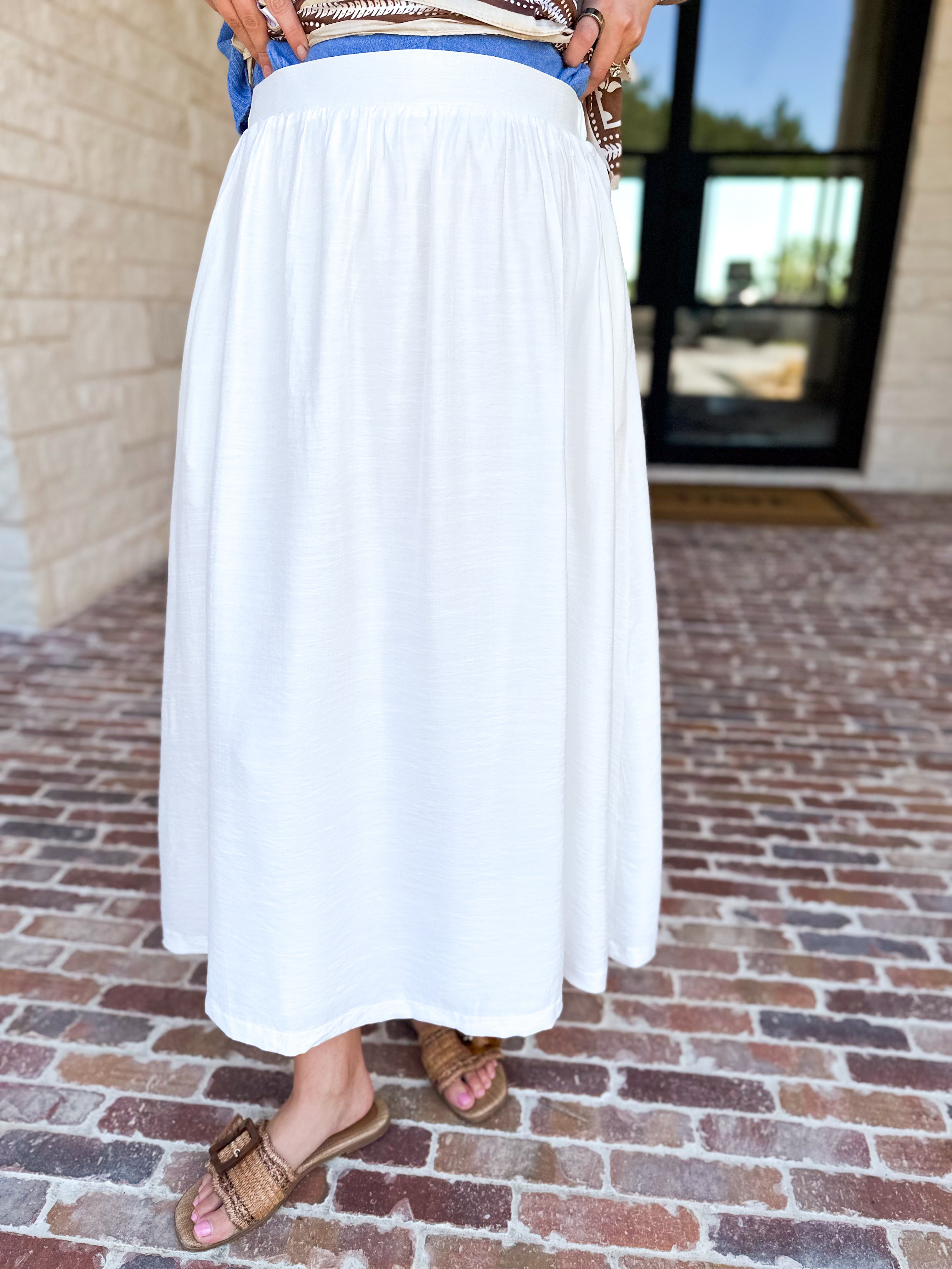 Closet Staple White Midi Skirt-410 Shorts/Skirts-STYLE USA-July & June Women's Fashion Boutique Located in San Antonio, Texas