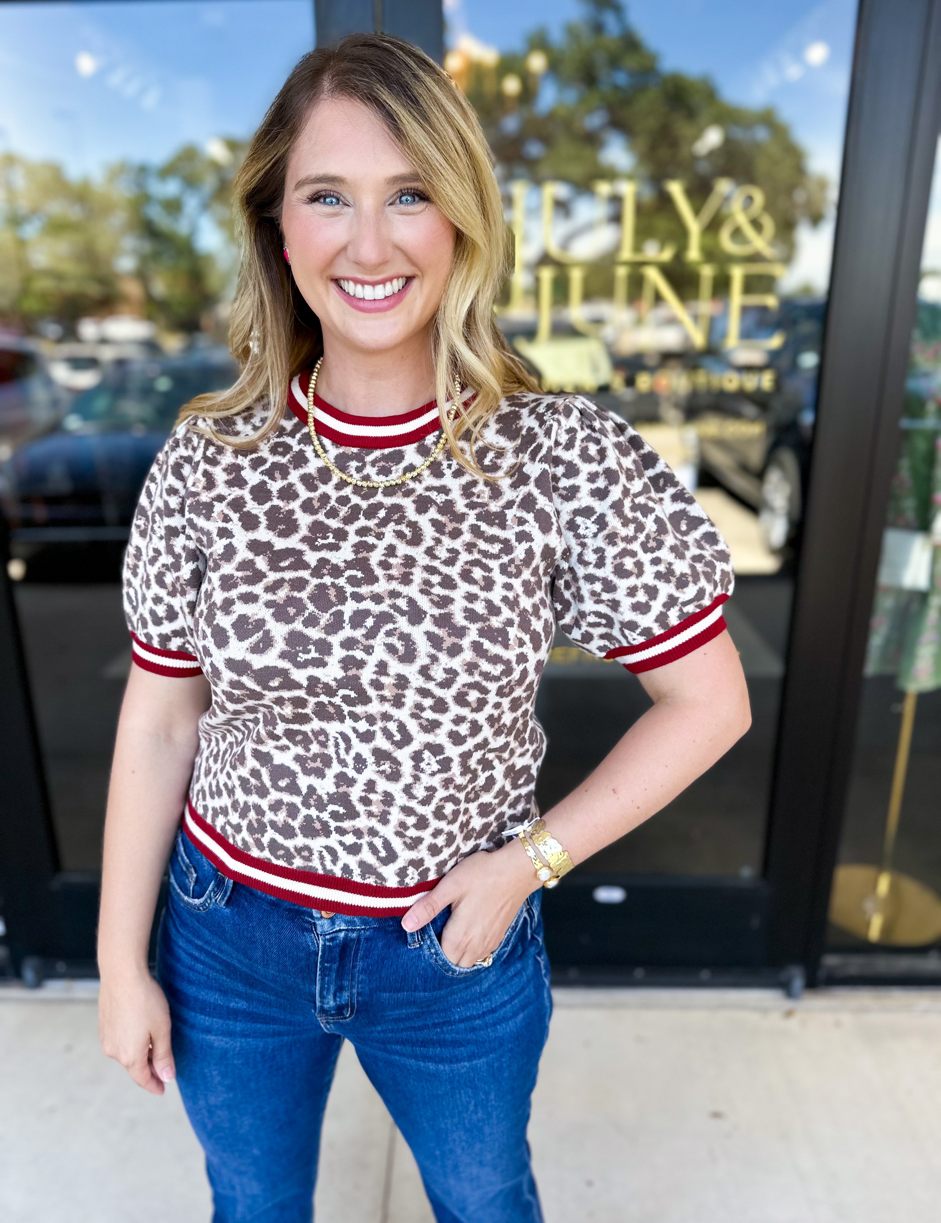 Varsity Leopard Sweater Top - Red-210 Casual Blouses-ENTRO-July & June Women's Fashion Boutique Located in San Antonio, Texas
