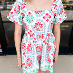 Border Print Puff Sleeve Romper-510 Mini-PEACH LOVE-July & June Women's Fashion Boutique Located in San Antonio, Texas