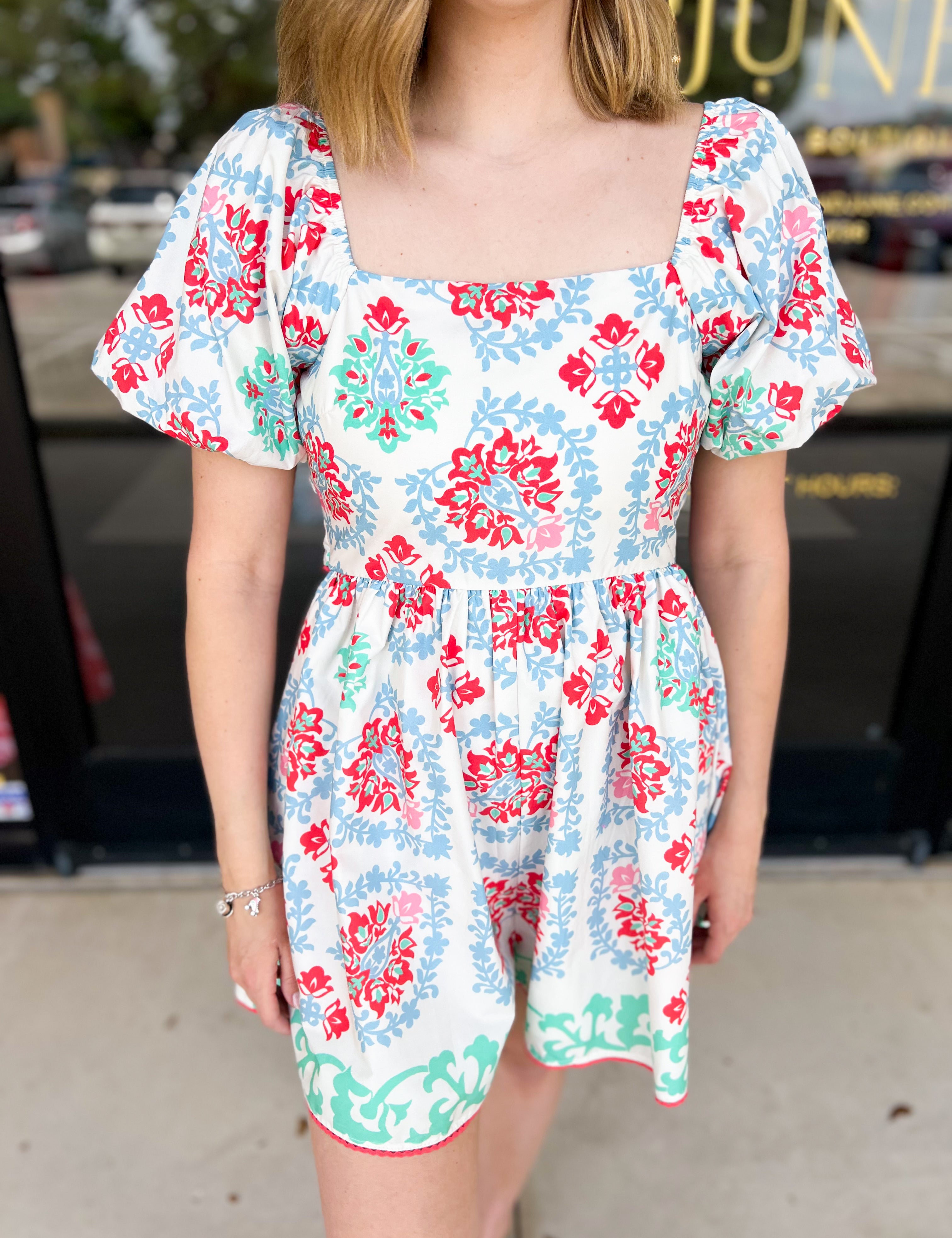 Border Print Puff Sleeve Romper-510 Mini-PEACH LOVE-July & June Women's Fashion Boutique Located in San Antonio, Texas