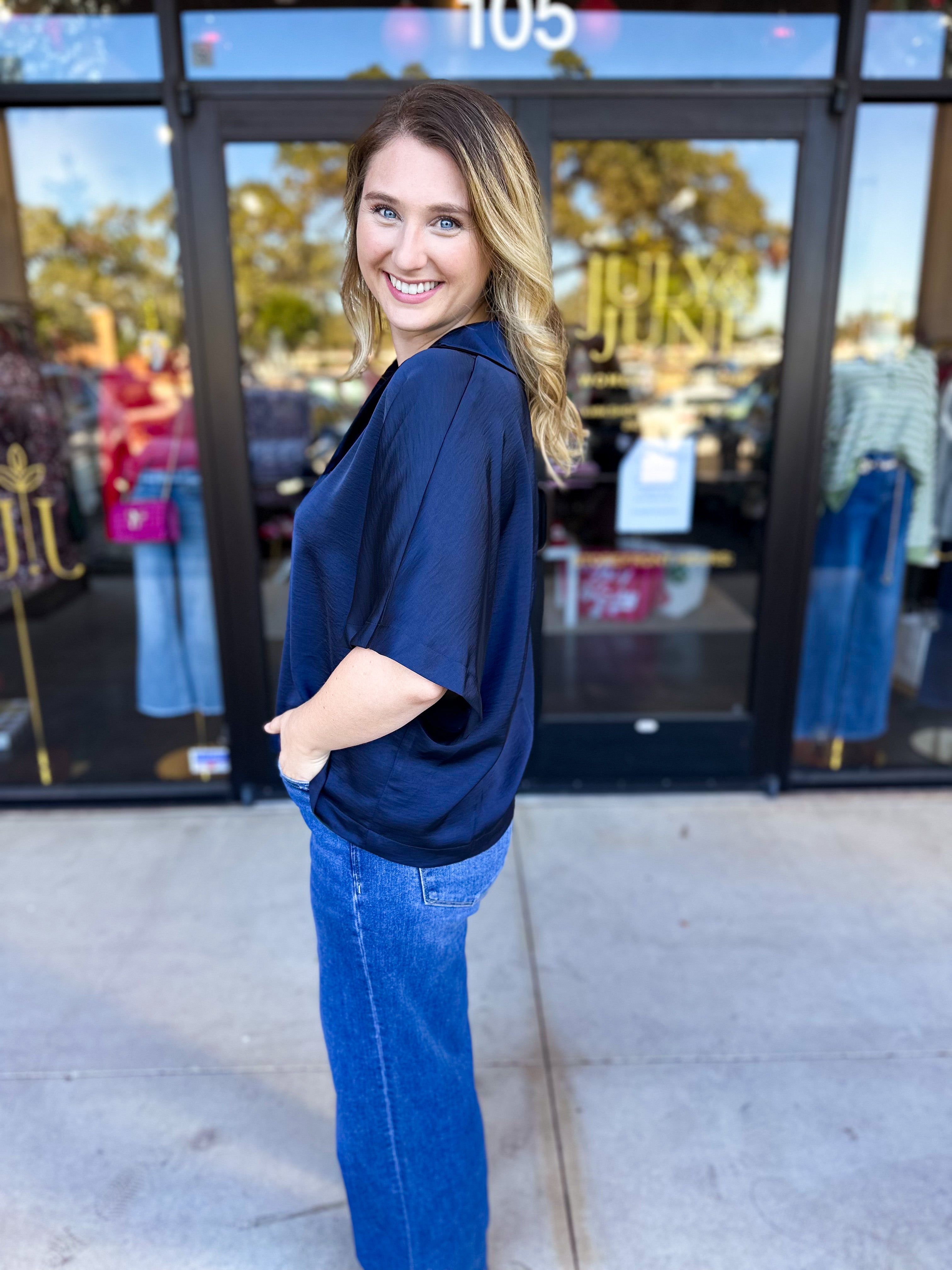 Pink Friday Doorbuster - Classic Satin Blouse - Navy - IN STORE-PINK FRIDAY DOORBUSTERS-GLAM-July & June Women's Fashion Boutique Located in San Antonio, Texas