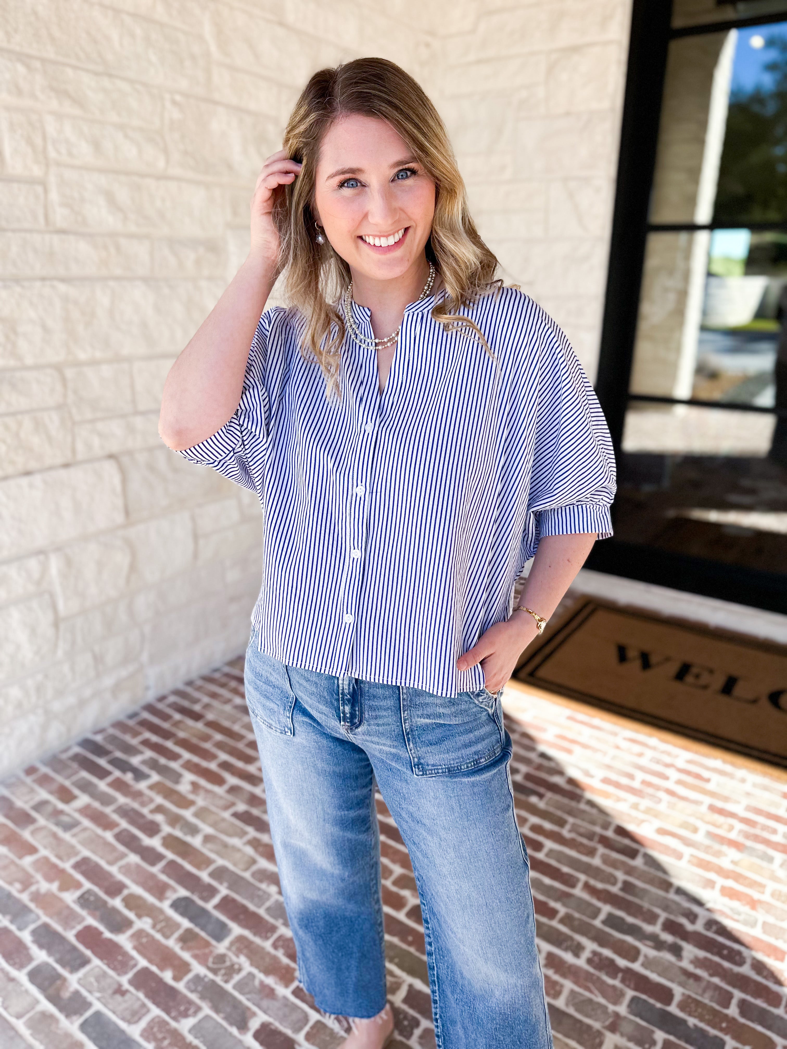 Stripe Dolman Blouse - Navy-200 Fashion Blouses-ALLIE ROSE-July & June Women's Fashion Boutique Located in San Antonio, Texas