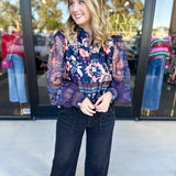 Deep Blue Floral Blouse-200 Fashion Blouses-FATE-July & June Women's Fashion Boutique Located in San Antonio, Texas