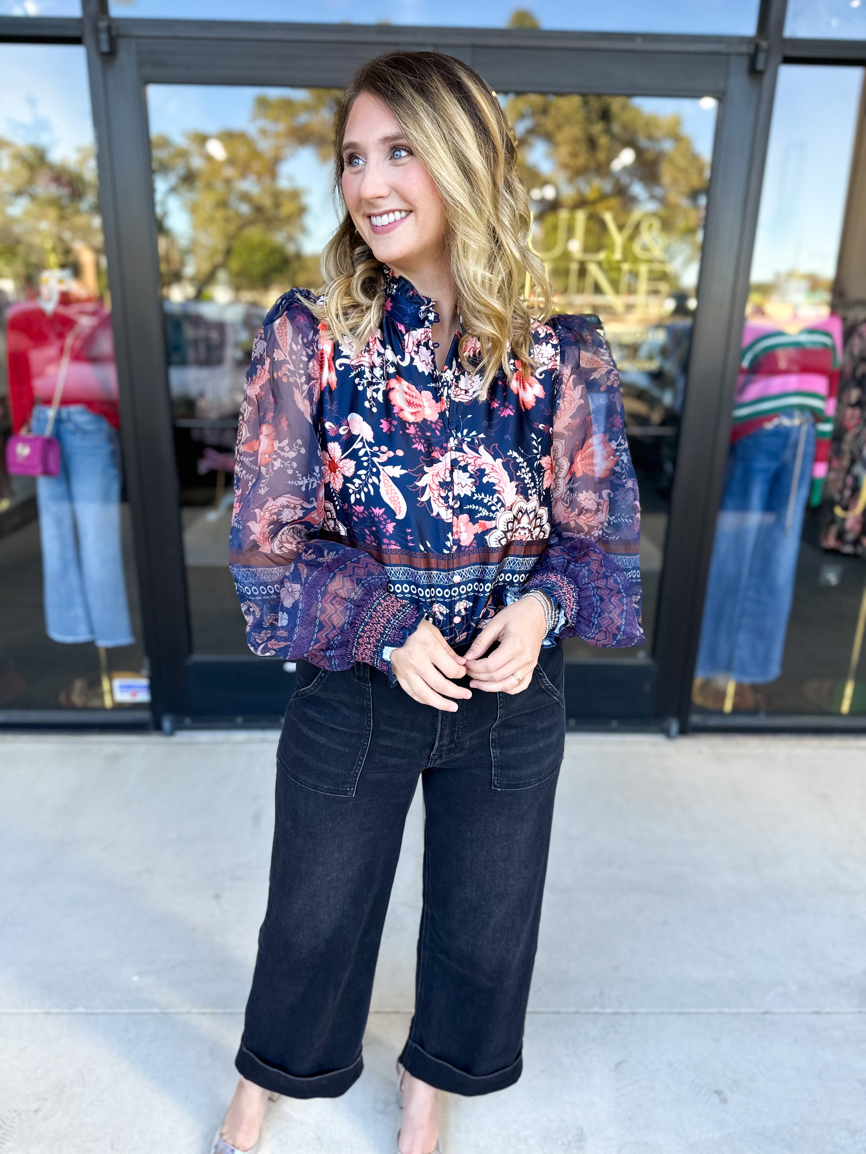 Deep Blue Floral Blouse-200 Fashion Blouses-FATE-July & June Women's Fashion Boutique Located in San Antonio, Texas