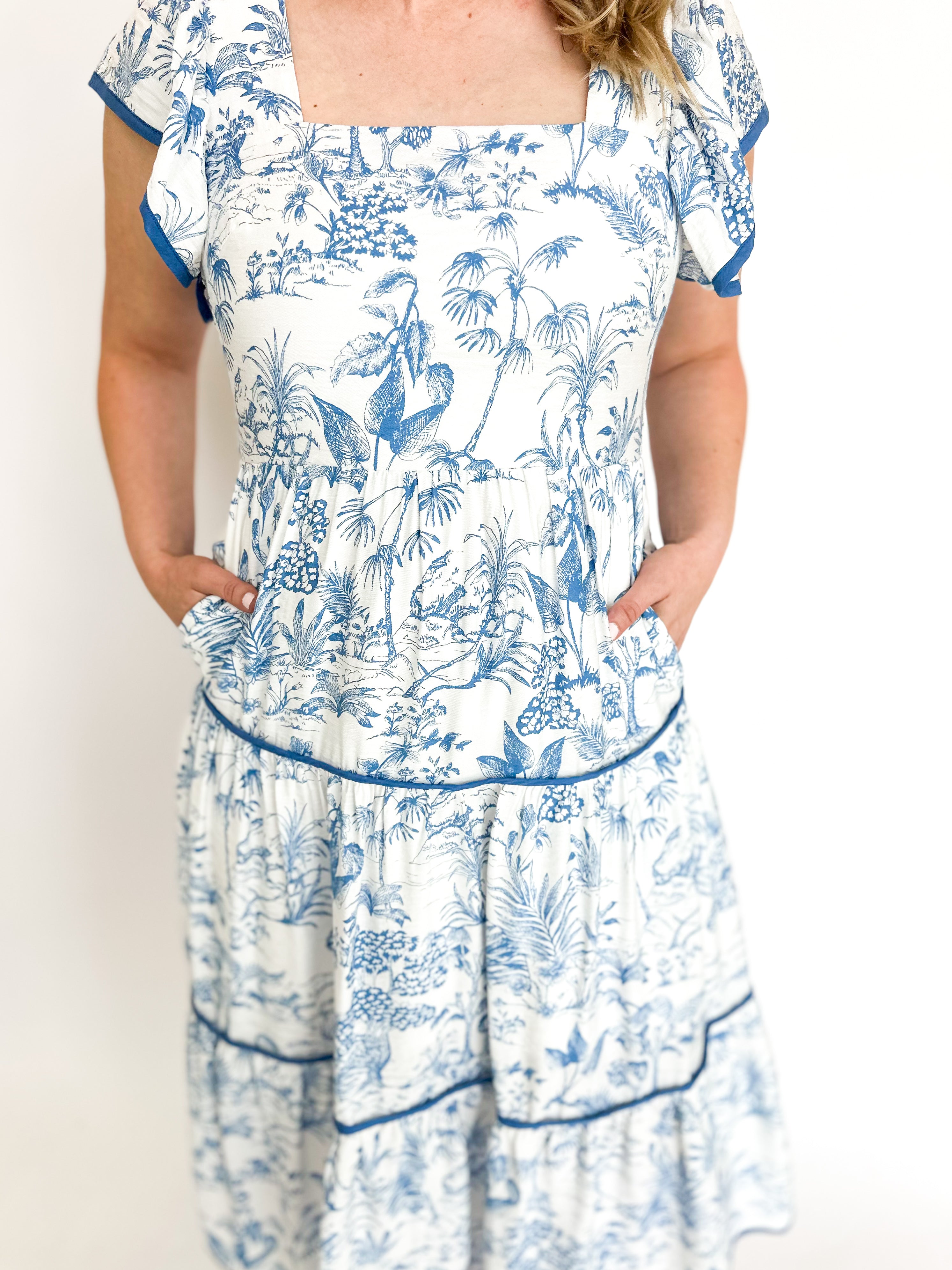 Toile Magic Midi Dress - Blue-500 Midi-ENTRO-July & June Women's Fashion Boutique Located in San Antonio, Texas