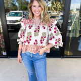 Pink & Burgundy Floral Blouse-200 Fashion Blouses-ENTRO-July & June Women's Fashion Boutique Located in San Antonio, Texas