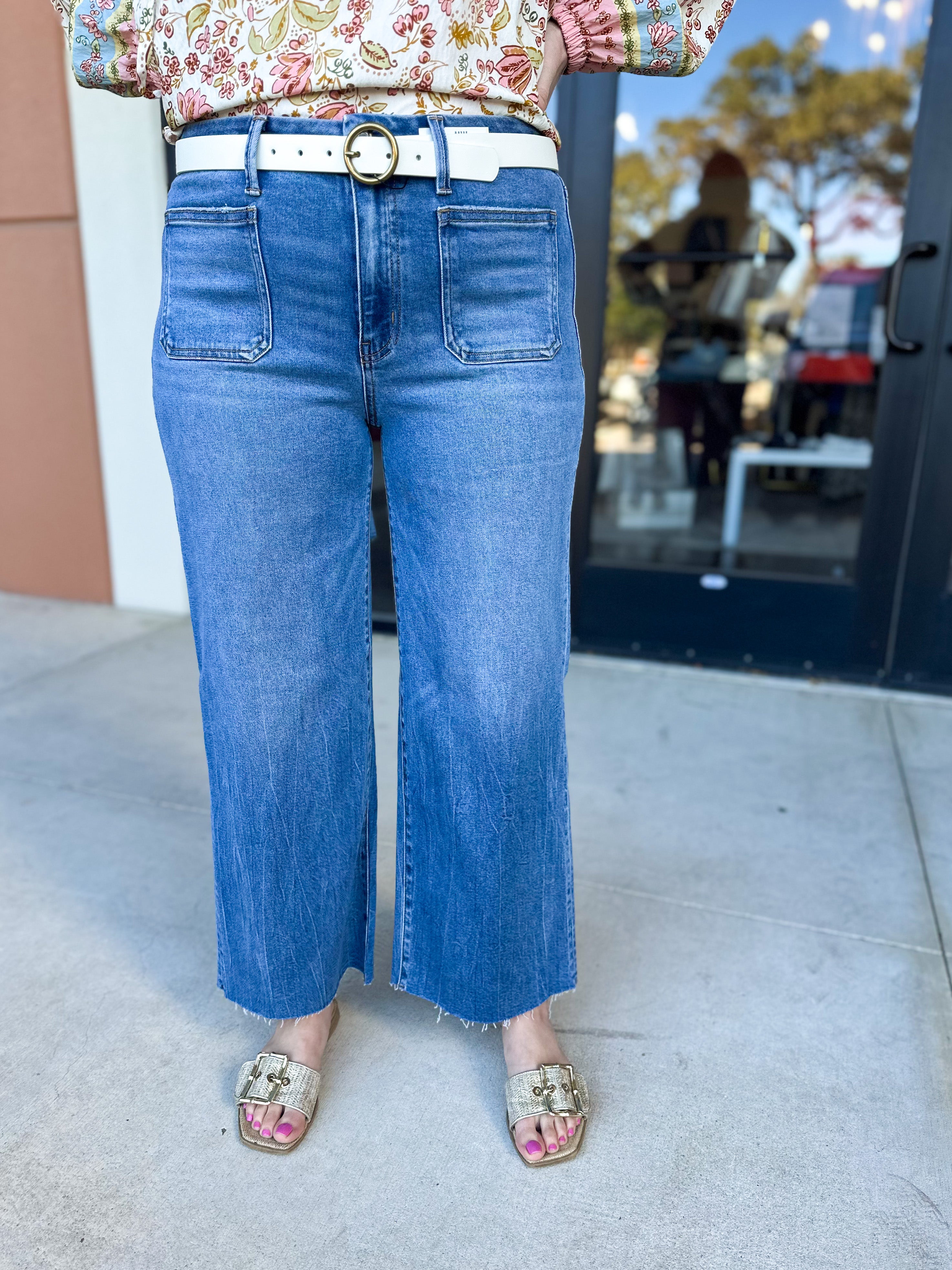 Vervet - Medium Wash High Rise Cropped Wide Leg Jeans-400 Pants-VEVERT BY FLYING MONKEY-July & June Women's Fashion Boutique Located in San Antonio, Texas