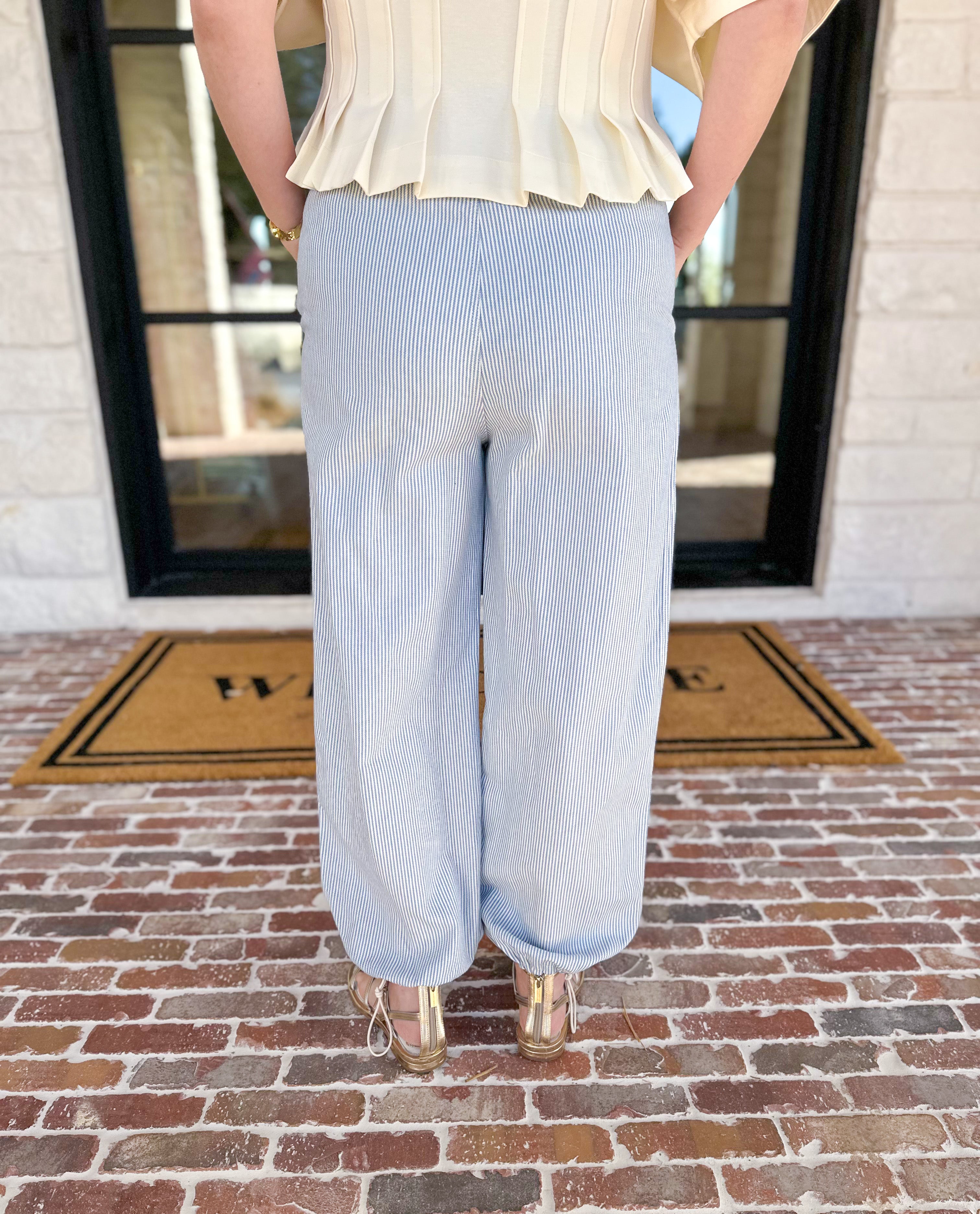 Striped Twill Elastic Barrel Pants-400 Pants-ALLIE ROSE-July & June Women's Fashion Boutique Located in San Antonio, Texas