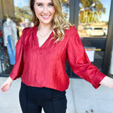 THML - Cherry Red Sheen Blouse-200 Fashion Blouses-THML-July & June Women's Fashion Boutique Located in San Antonio, Texas