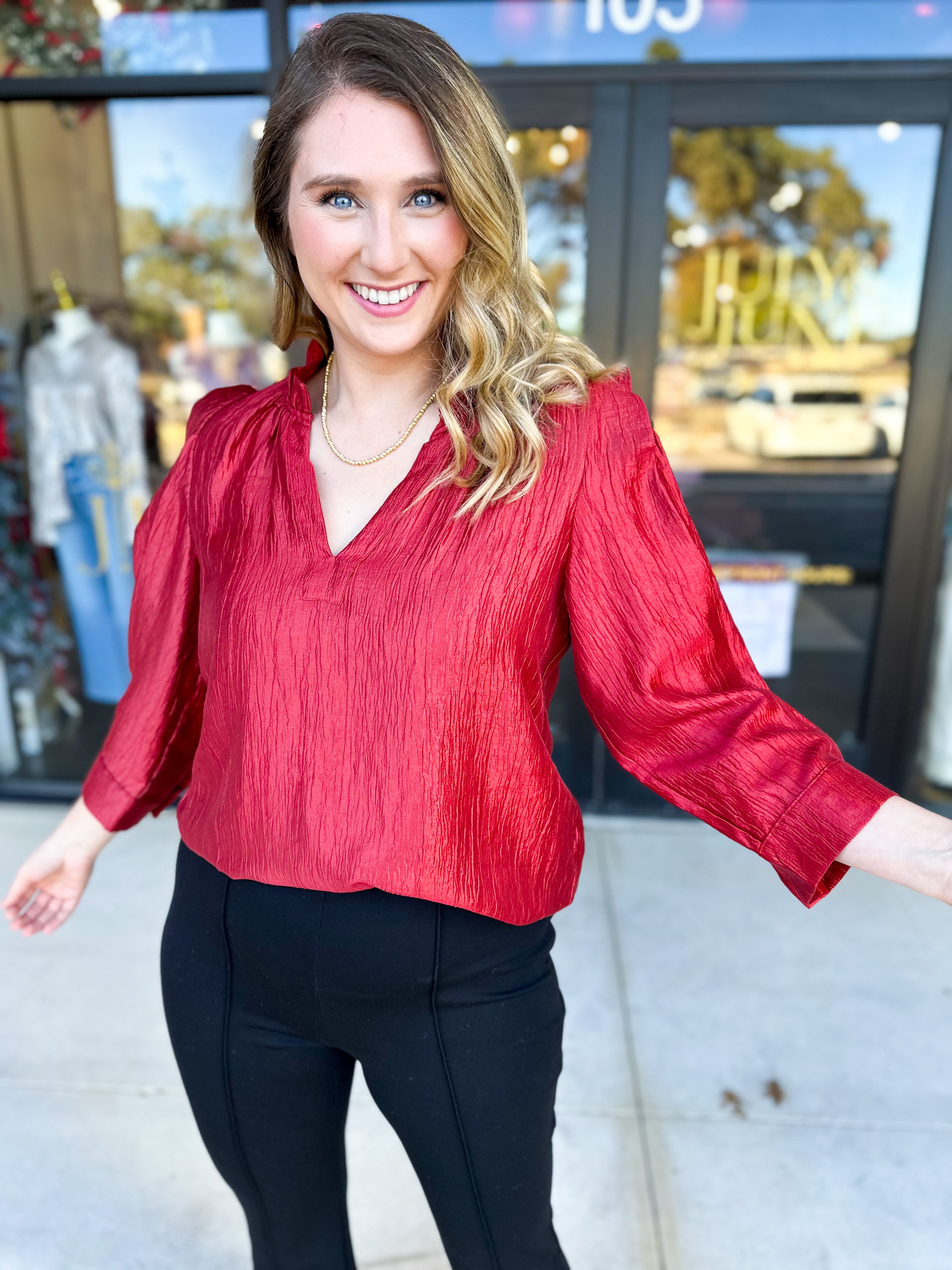 THML - Cherry Red Sheen Blouse-200 Fashion Blouses-THML-July & June Women's Fashion Boutique Located in San Antonio, Texas