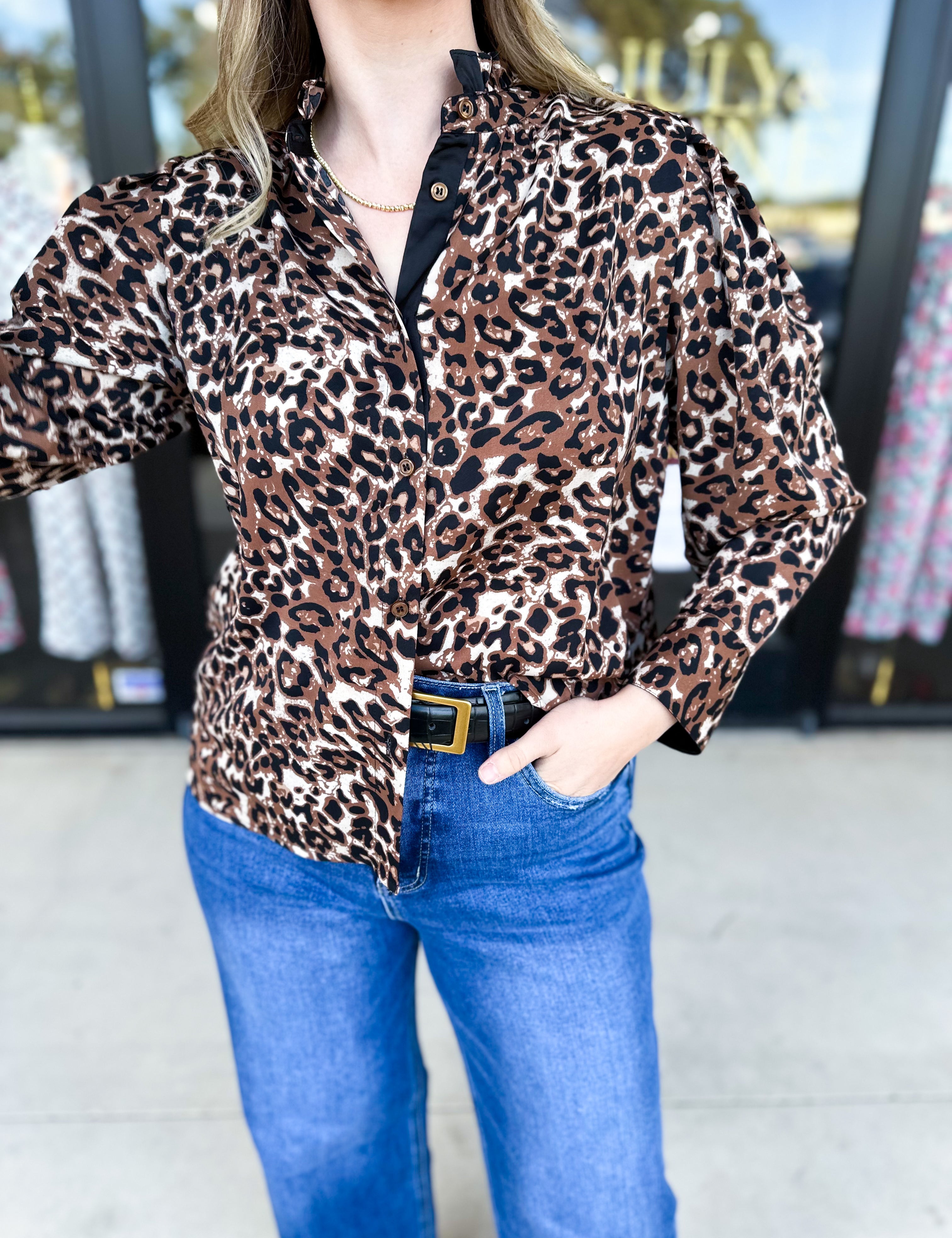 Golden Animal Print Blouse-200 Fashion Blouses-JODIFL-July & June Women's Fashion Boutique Located in San Antonio, Texas