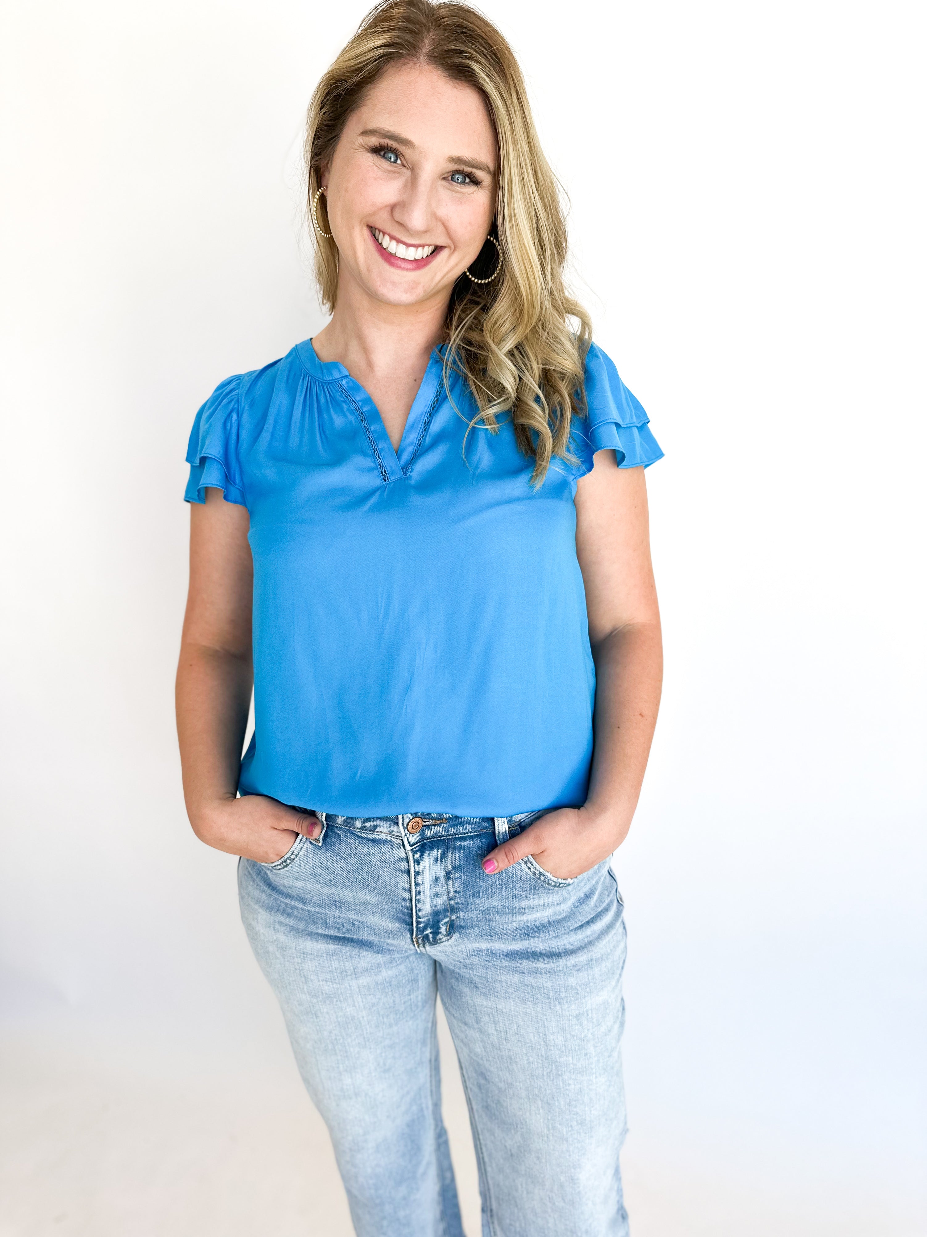 Flutter Sleeve Blouse - Blue-200 Fashion Blouses-SKIES ARE BLUE-July & June Women's Fashion Boutique Located in San Antonio, Texas