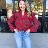 Tartan Ruffle Blouse-200 Fashion Blouses-FATE-July & June Women's Fashion Boutique Located in San Antonio, Texas