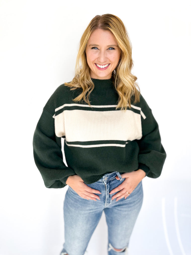Striped Cozy Sweater- Green & Taupe-230 Sweaters/Cardis-GILLI CLOTHING-July & June Women's Fashion Boutique Located in San Antonio, Texas