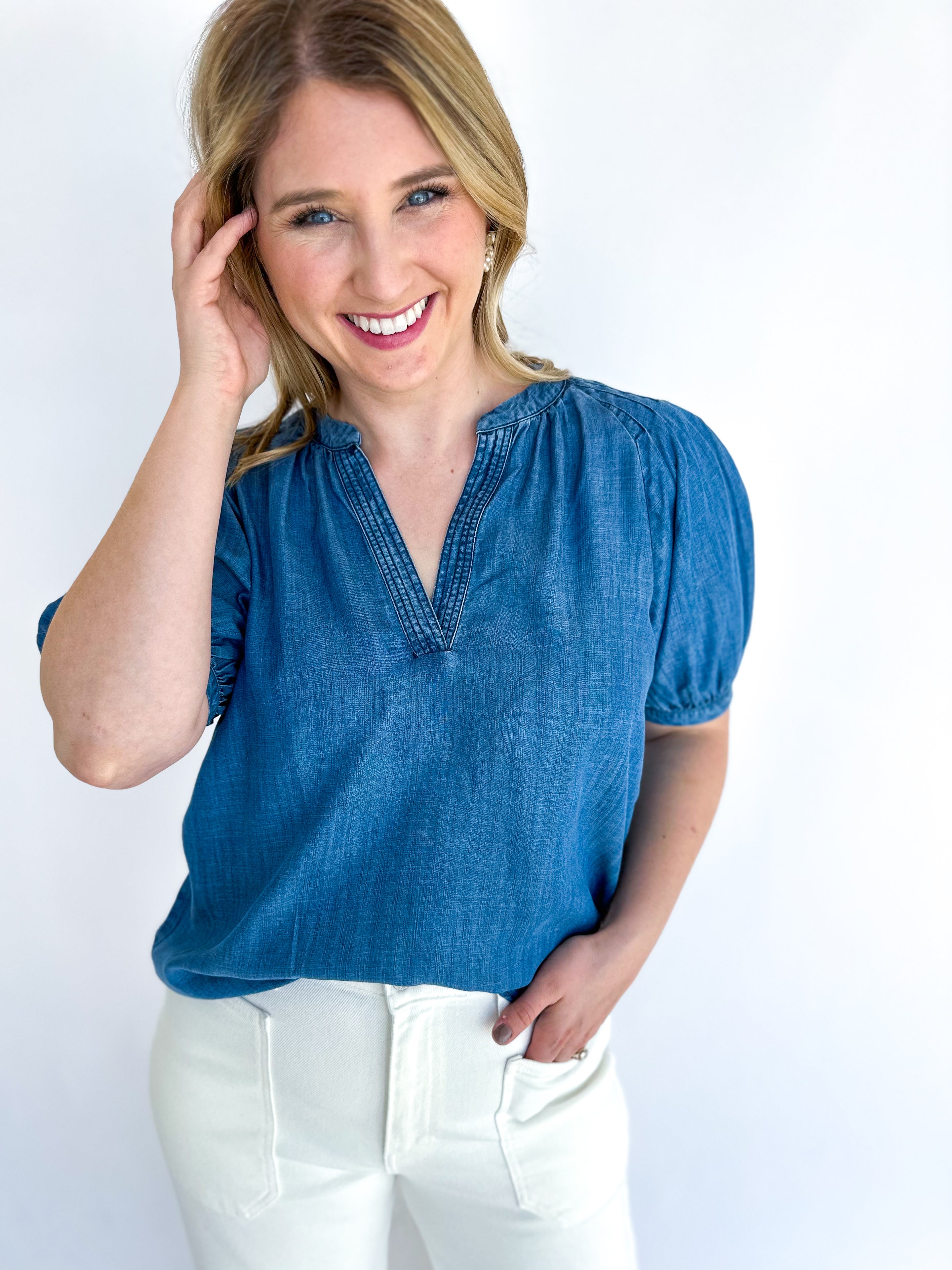 Classy Chambray Blouse-200 Fashion Blouses-CURRENT AIR CLOTHING-July & June Women's Fashion Boutique Located in San Antonio, Texas