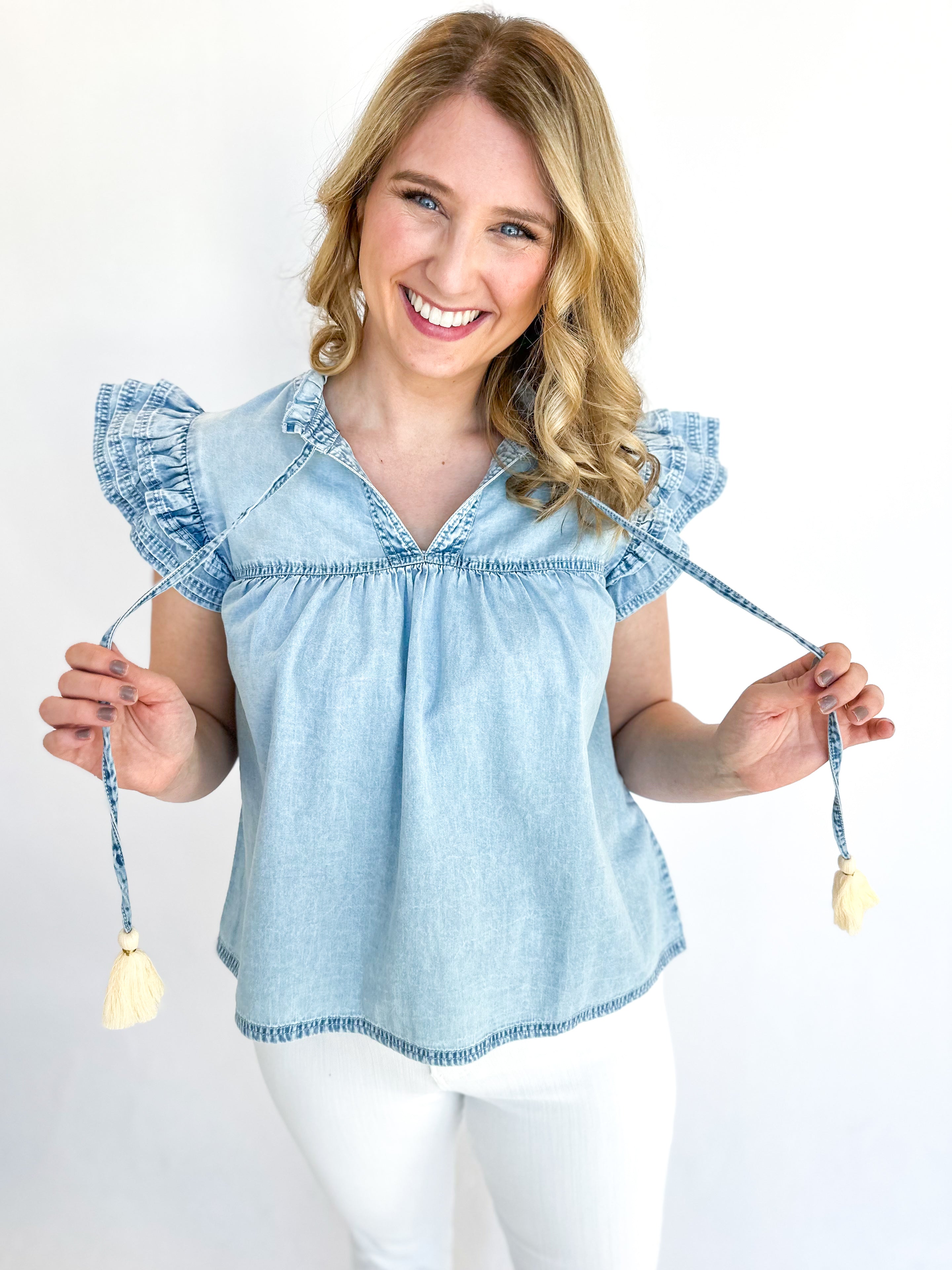 Denim Ruffle Blouse - THML-200 Fashion Blouses-THML-July & June Women's Fashion Boutique Located in San Antonio, Texas