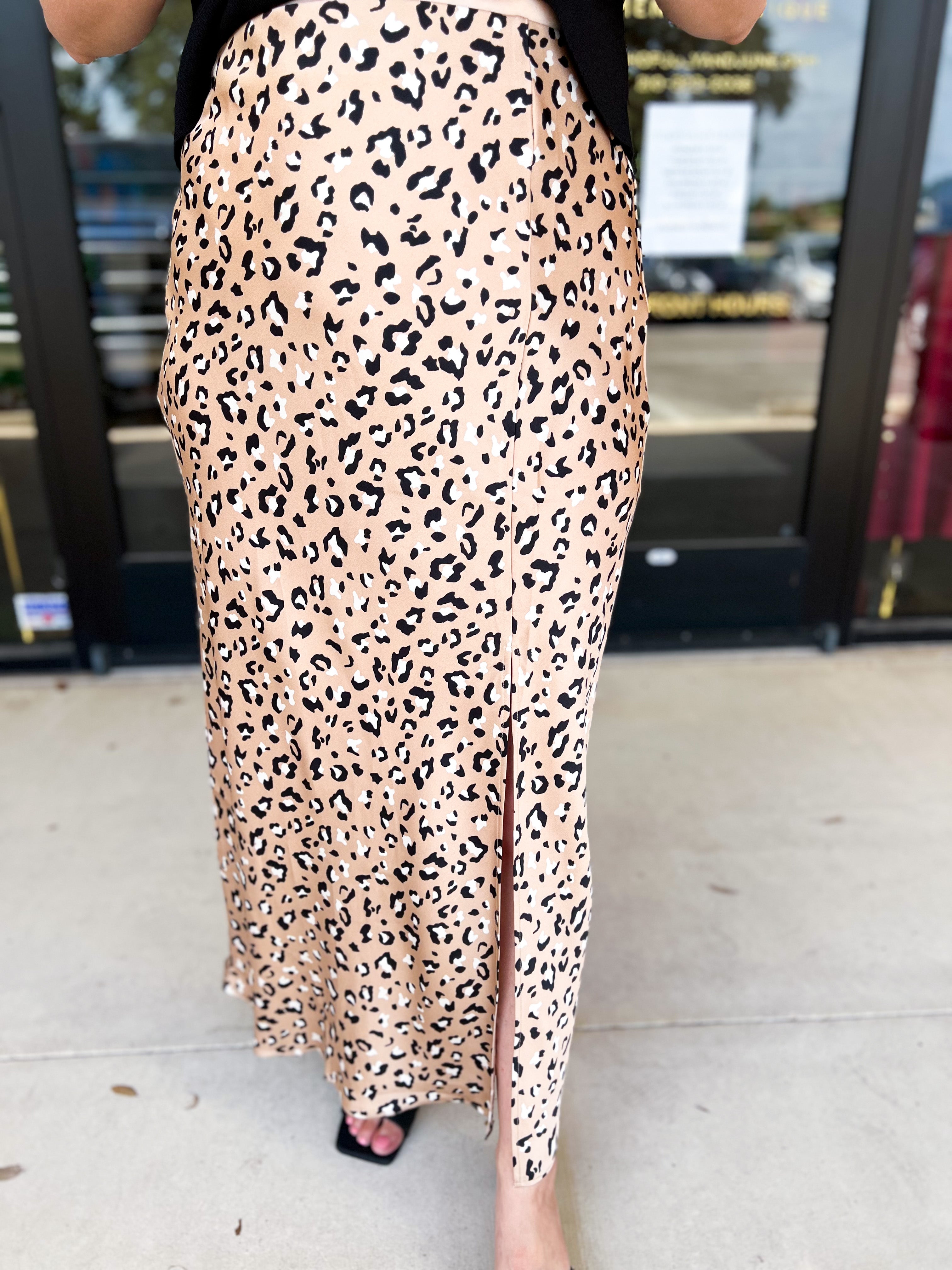 Cheetah Satin Midi Skirt-410 Shorts/Skirts-SKIES ARE BLUE-July & June Women's Fashion Boutique Located in San Antonio, Texas