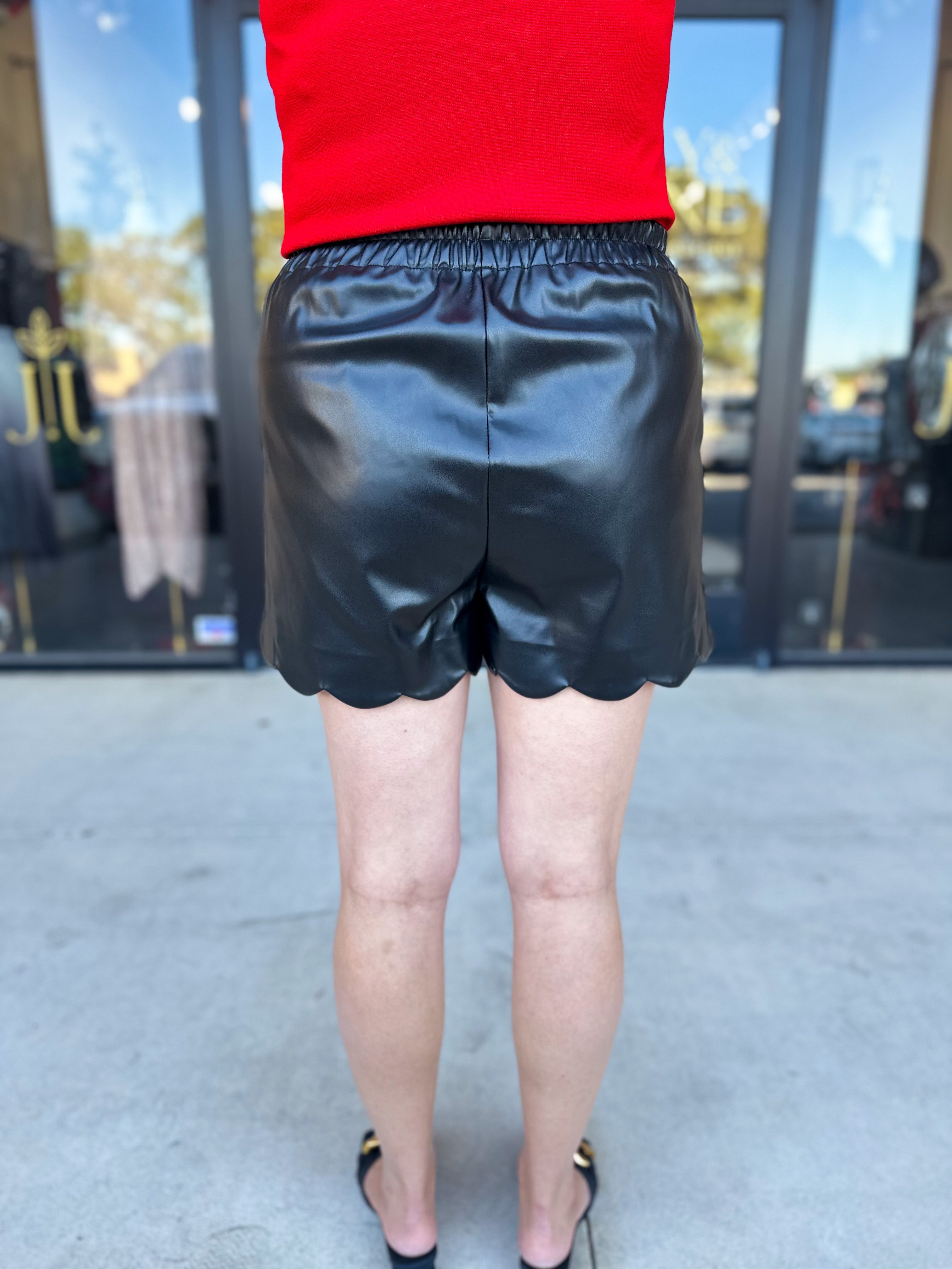 Scalloped Black Faux Leather Shorts-410 Shorts/Skirts-JODIFL-July & June Women's Fashion Boutique Located in San Antonio, Texas