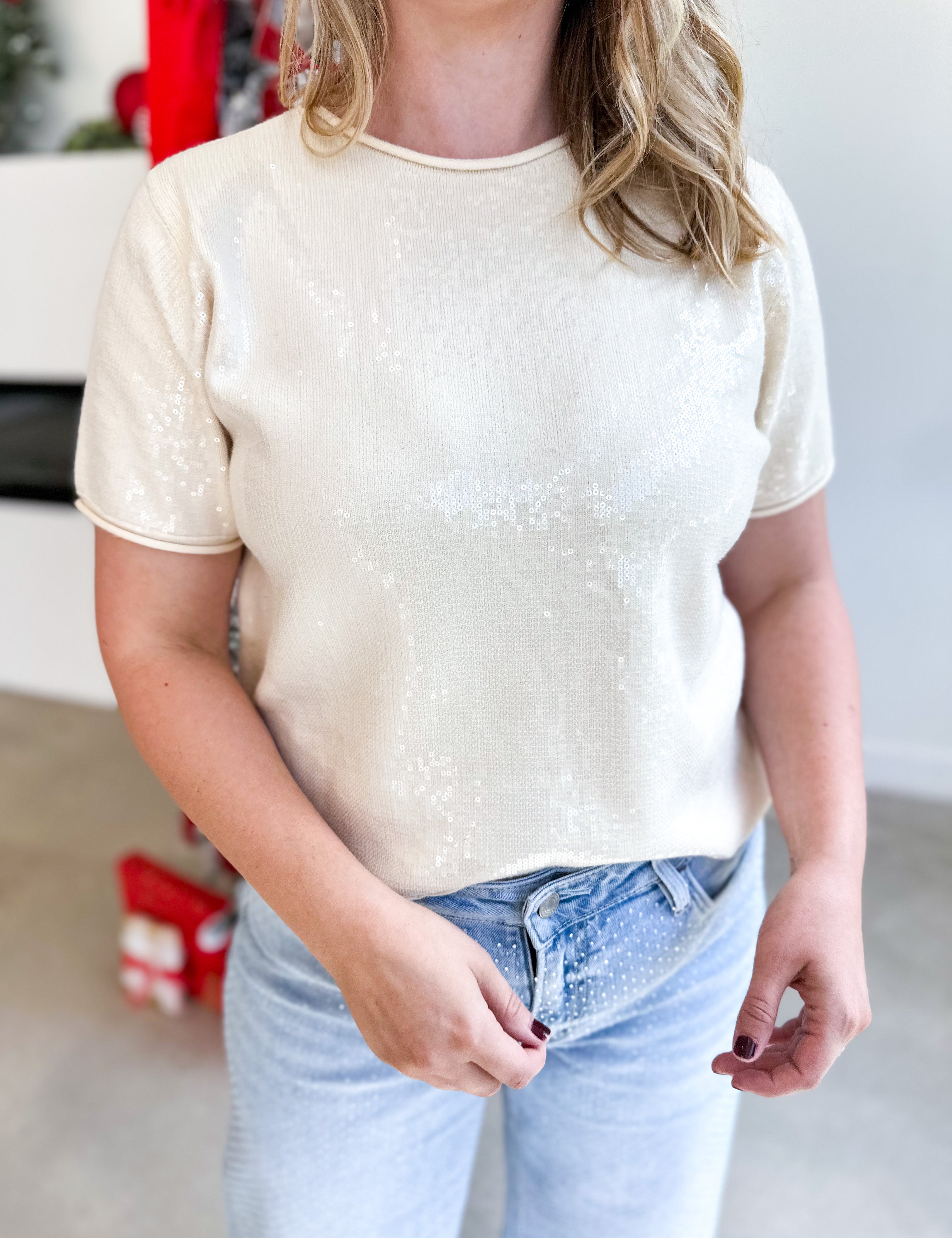 Holiday Party Sweater Top - Cream-200 Fashion Blouses-JODIFL-July & June Women's Fashion Boutique Located in San Antonio, Texas