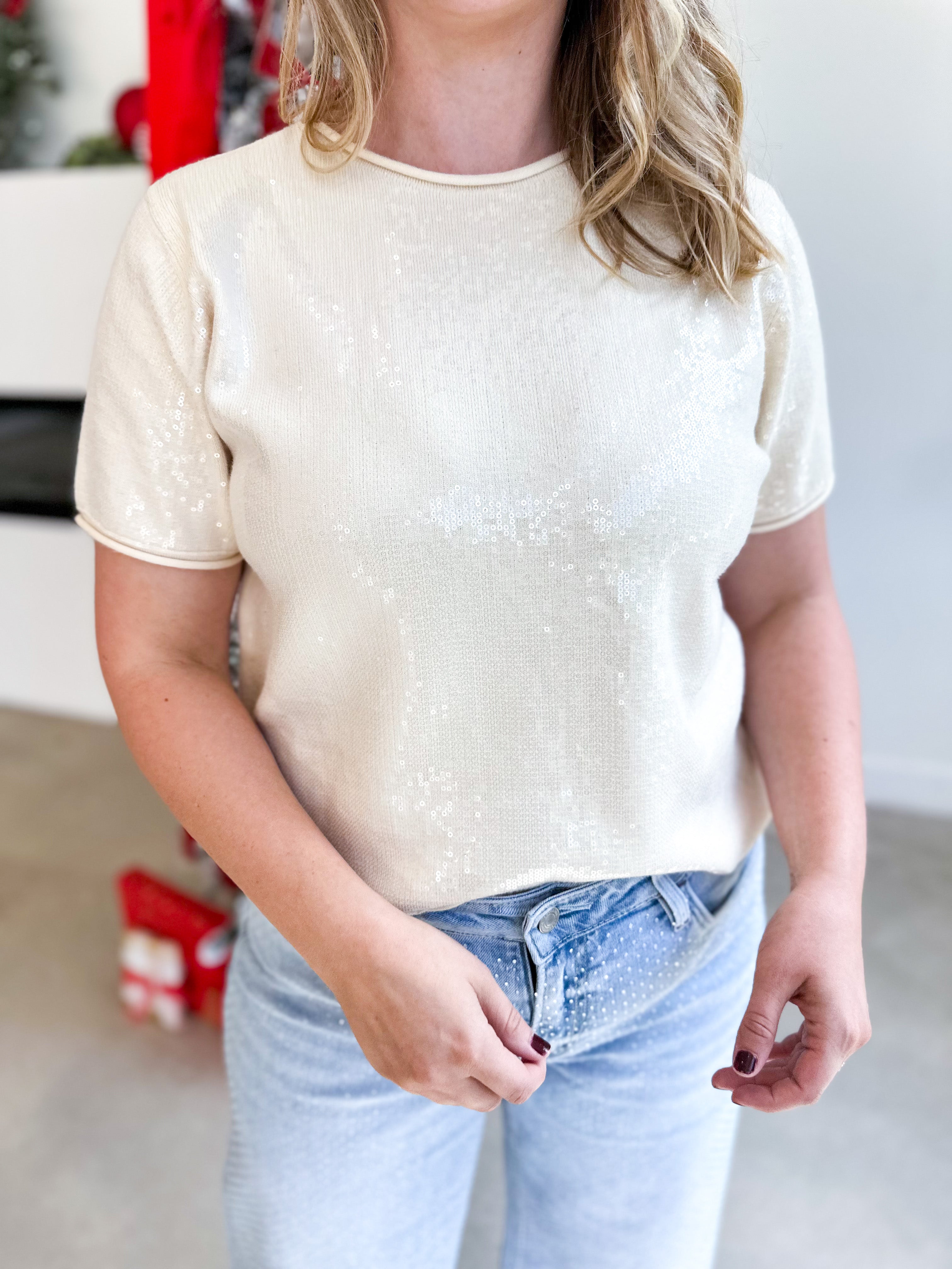 Holiday Party Sweater Top - Cream-200 Fashion Blouses-JODIFL-July & June Women's Fashion Boutique Located in San Antonio, Texas