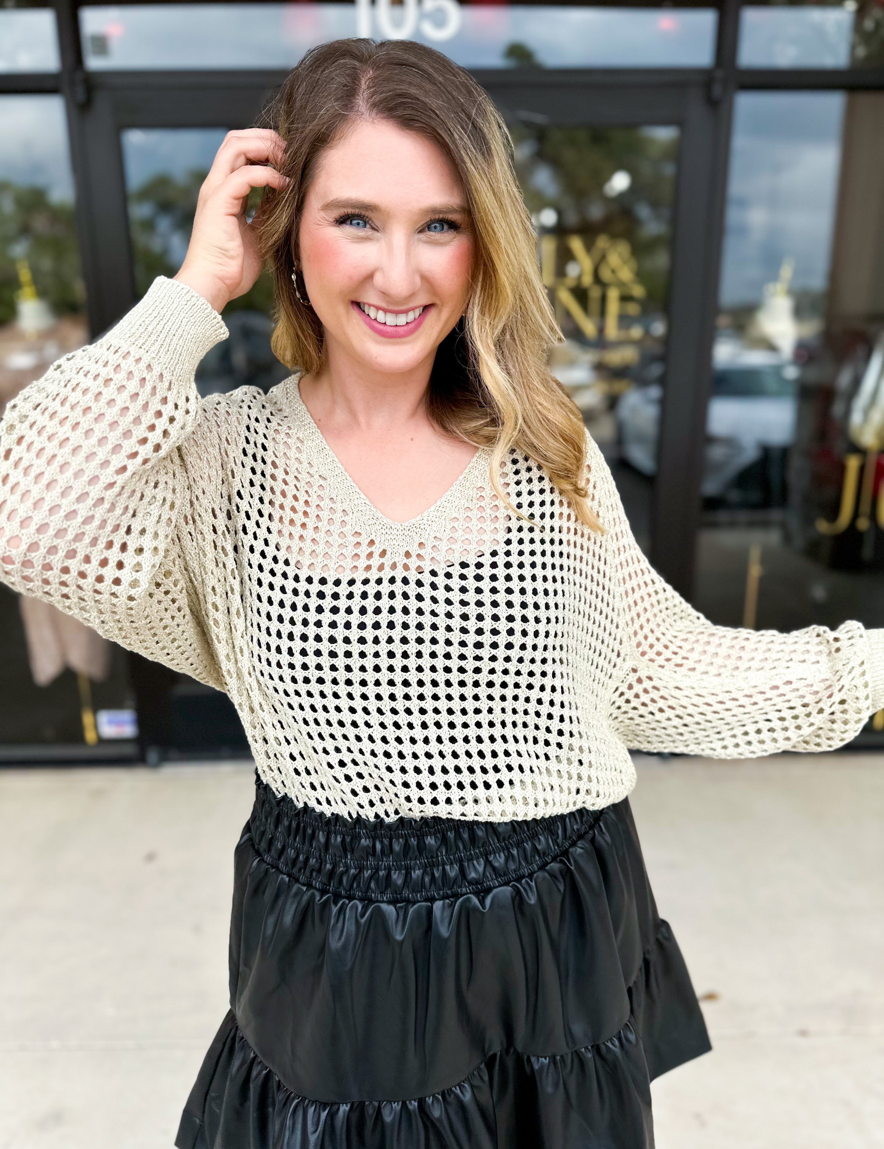 Foil Knit Sweater Top - Champagne Gold-230 Sweaters/Cardis-ALLIE ROSE-July & June Women's Fashion Boutique Located in San Antonio, Texas