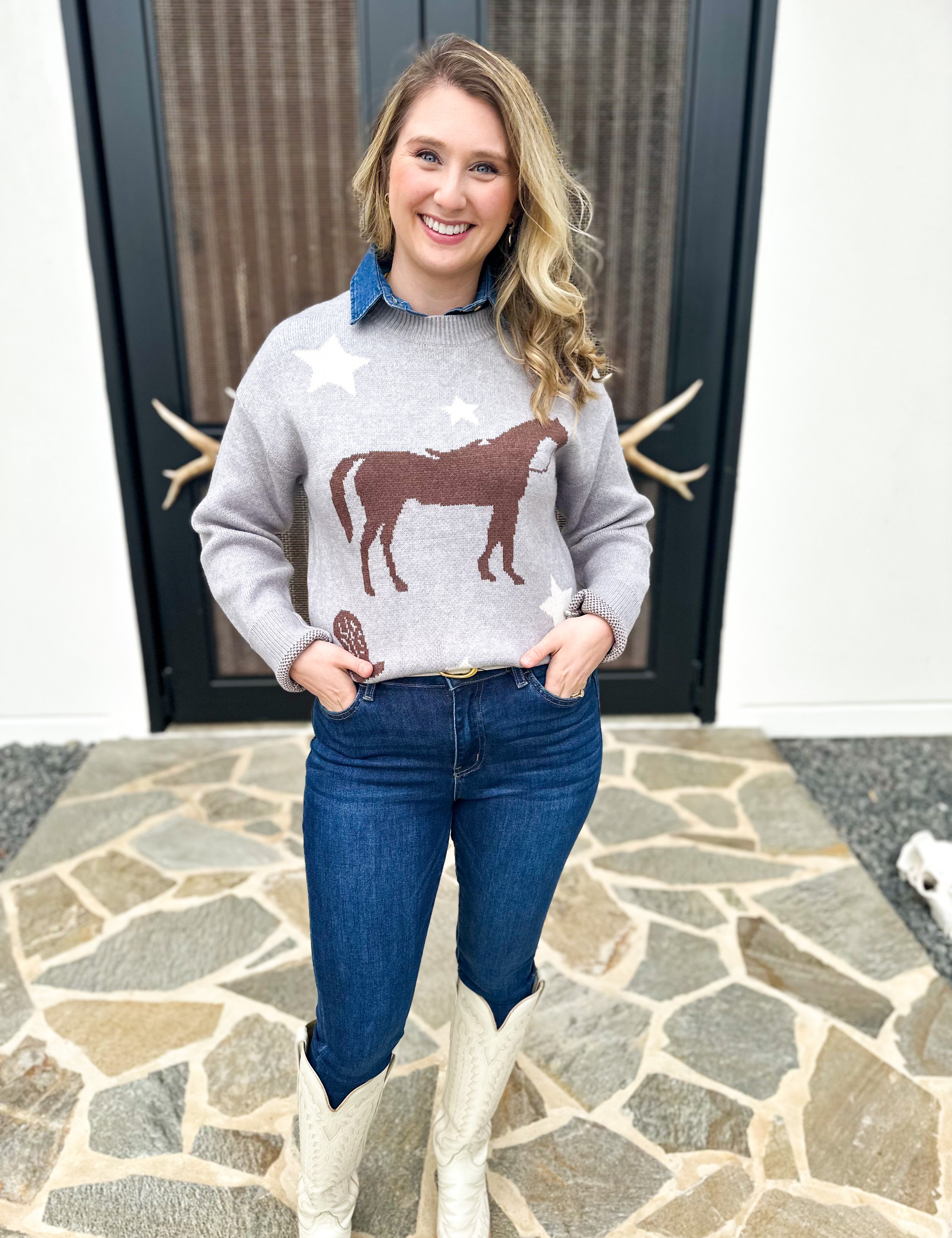 THML - Grey Horse Sweater-230 Sweaters/Cardis-THML-July & June Women's Fashion Boutique Located in San Antonio, Texas