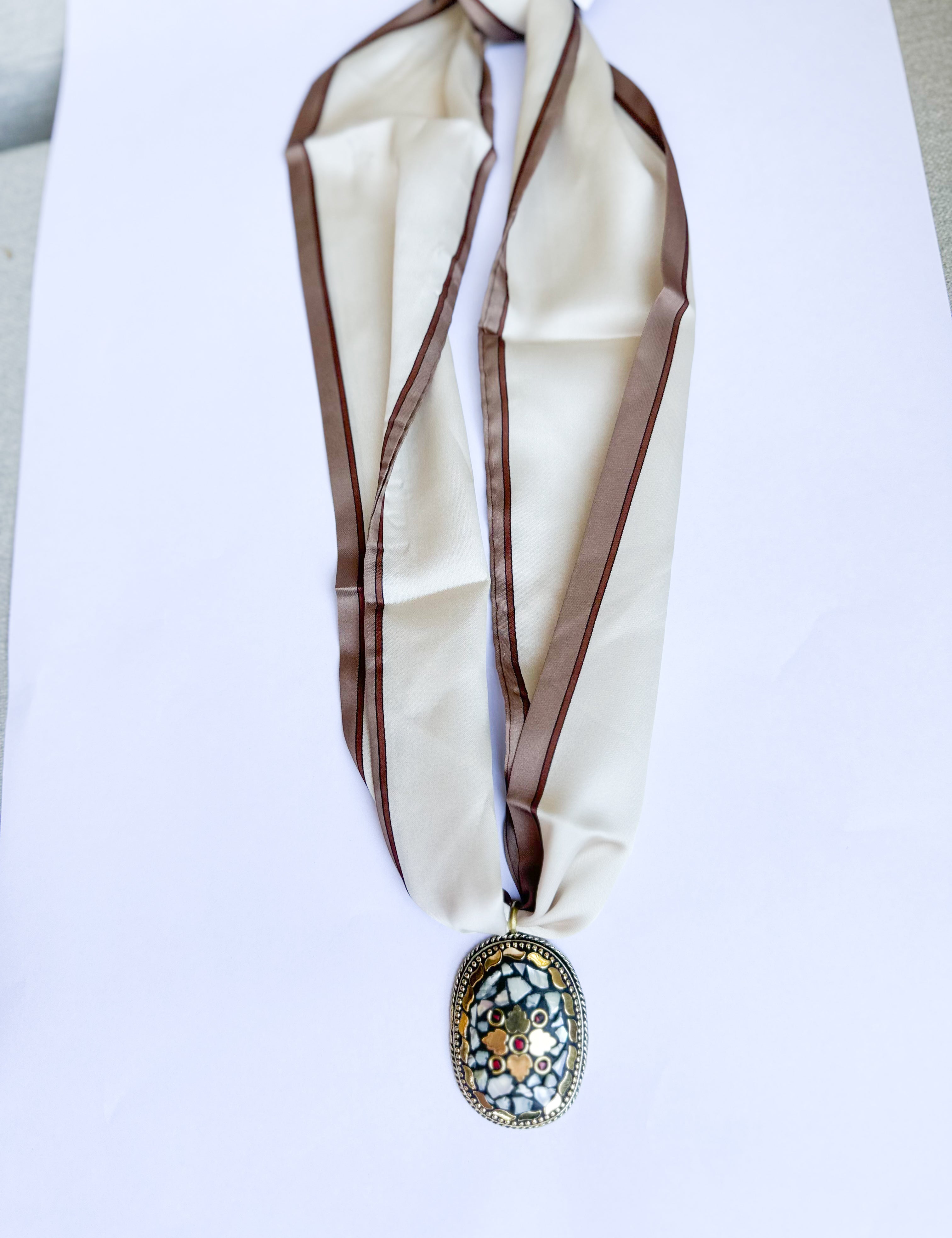 Scarf Necklace - Taupe Oval Medallion-110 Jewelry & Hair-HART DESIGNS-July & June Women's Fashion Boutique Located in San Antonio, Texas