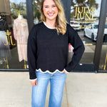 Scalloped Edges Sweater - Black-230 Sweaters/Cardis-ENTRO-July & June Women's Fashion Boutique Located in San Antonio, Texas
