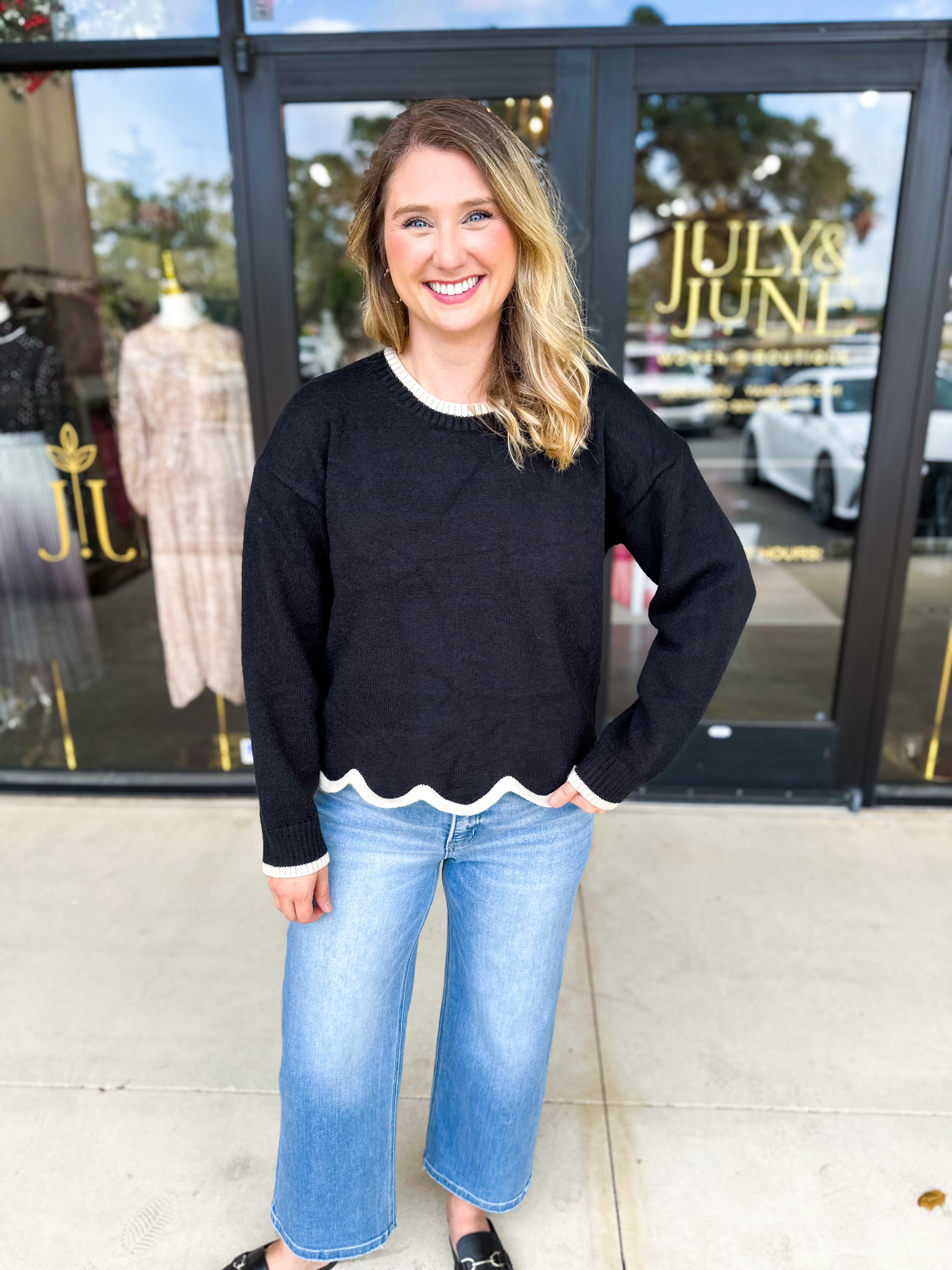 Scalloped Edges Sweater - Black-230 Sweaters/Cardis-ENTRO-July & June Women's Fashion Boutique Located in San Antonio, Texas