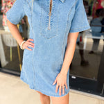 Light Denim Zip Mini Dress-510 Mini-FATE-July & June Women's Fashion Boutique Located in San Antonio, Texas