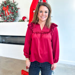 Satin Ruffle Blouse - Merlot-200 Fashion Blouses-JODIFL-July & June Women's Fashion Boutique Located in San Antonio, Texas