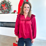 Satin Ruffle Blouse - Merlot-200 Fashion Blouses-JODIFL-July & June Women's Fashion Boutique Located in San Antonio, Texas