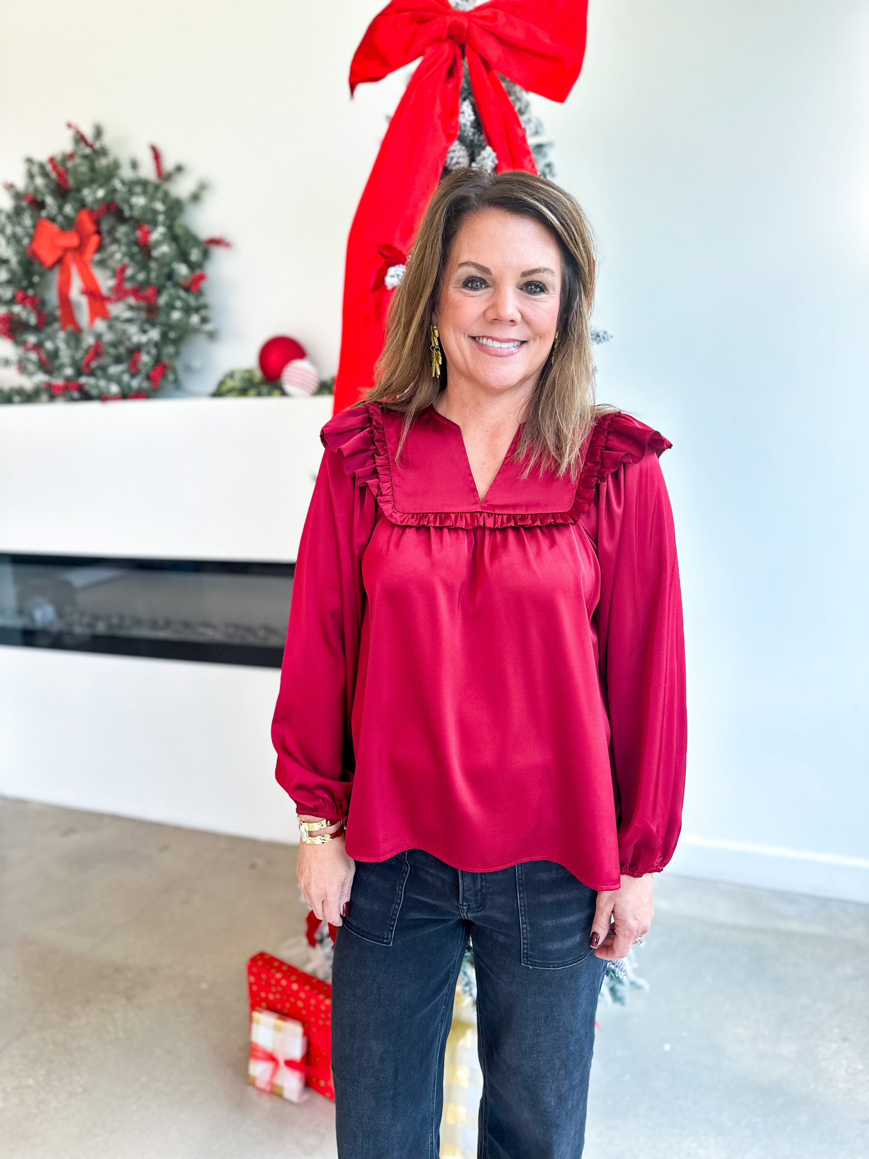 Satin Ruffle Blouse - Merlot-200 Fashion Blouses-JODIFL-July & June Women's Fashion Boutique Located in San Antonio, Texas