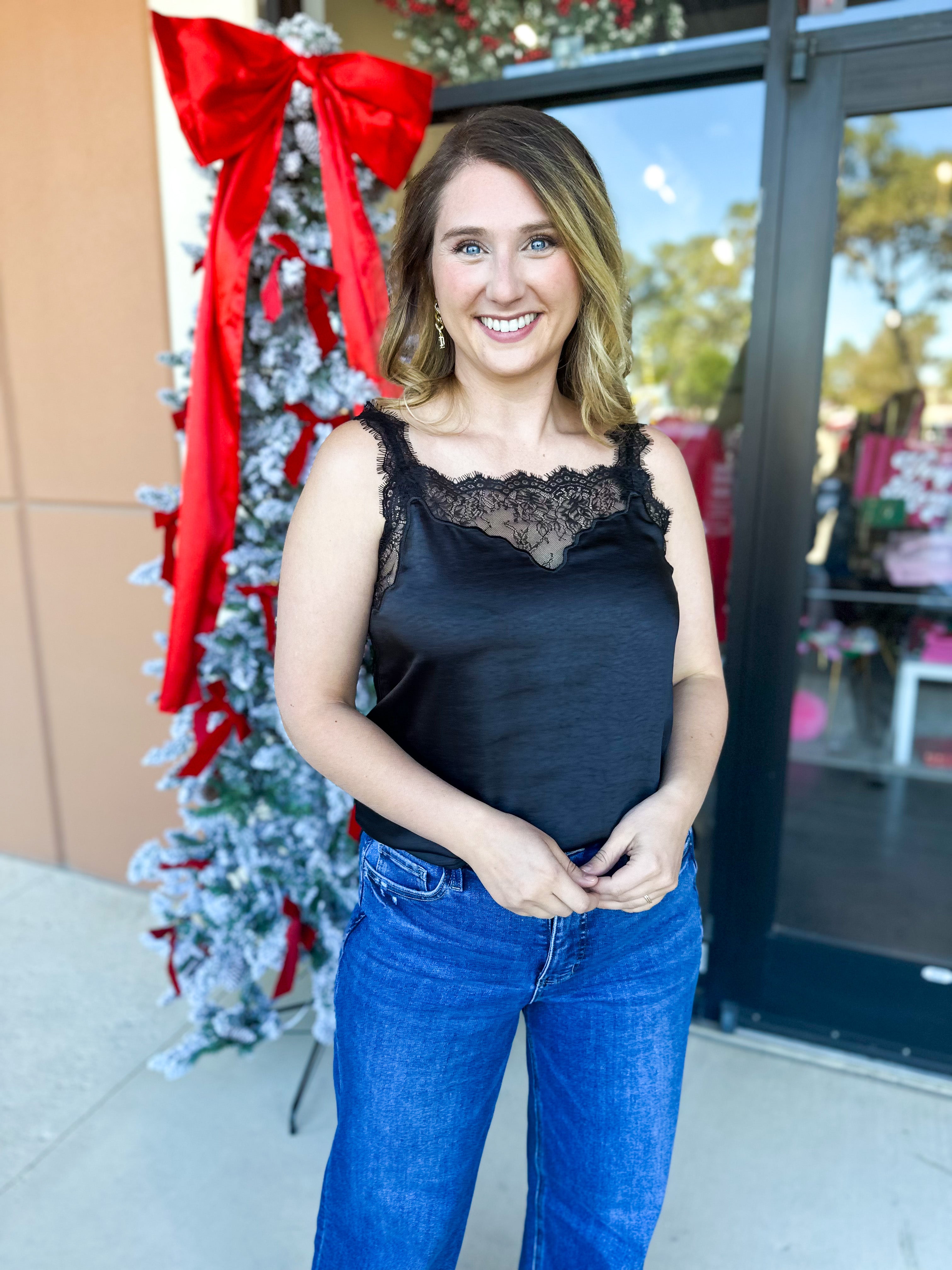 Satin Chic Cami - Black-200 Fashion Blouses-SKIES ARE BLUE-July & June Women's Fashion Boutique Located in San Antonio, Texas