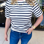 Striped Round Neck Tee - Navy-210 Casual Blouses-POLOGRAM-July & June Women's Fashion Boutique Located in San Antonio, Texas