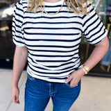 Striped Round Neck Tee - Navy-210 Casual Blouses-POLOGRAM-July & June Women's Fashion Boutique Located in San Antonio, Texas