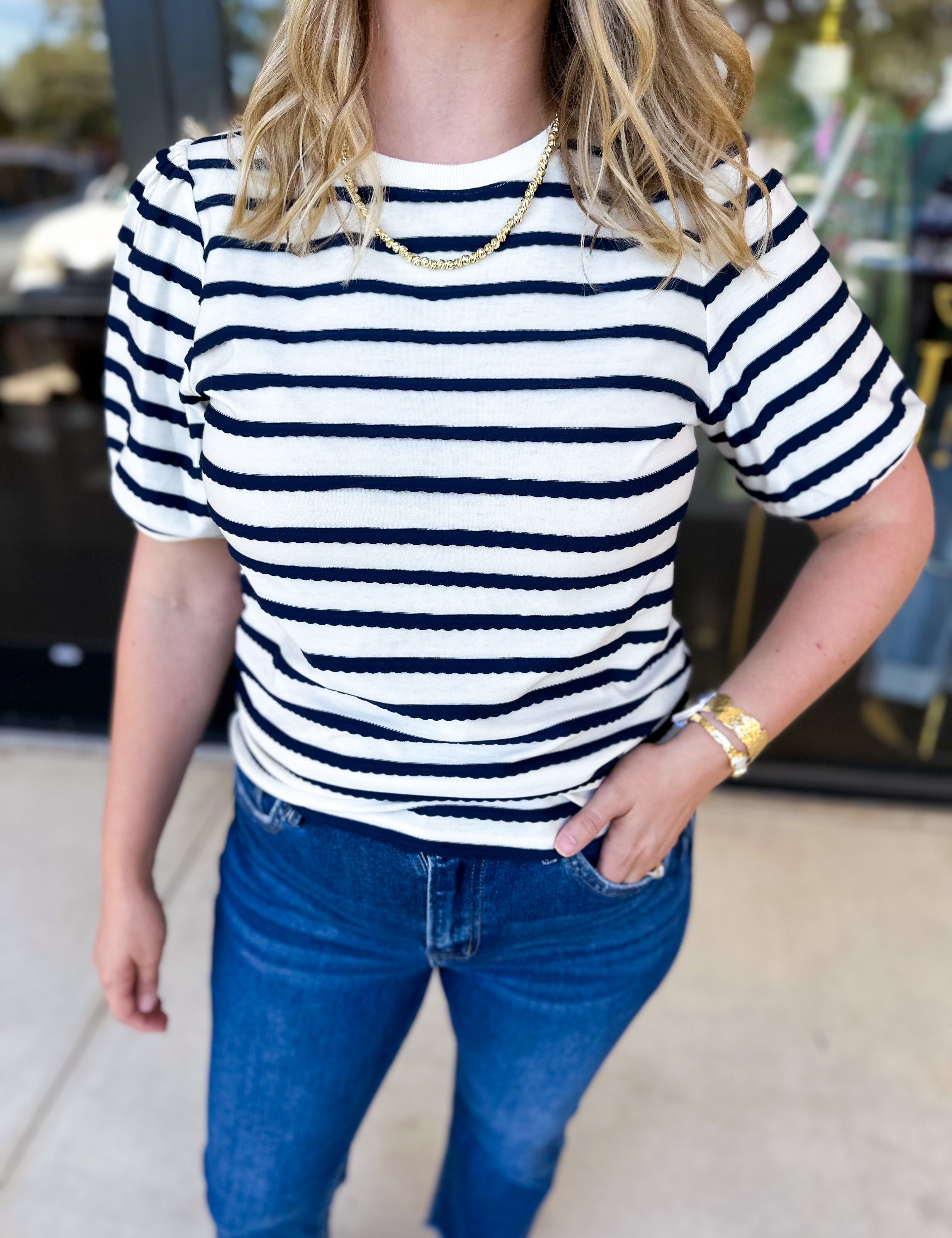 Striped Round Neck Tee - Navy-210 Casual Blouses-POLOGRAM-July & June Women's Fashion Boutique Located in San Antonio, Texas