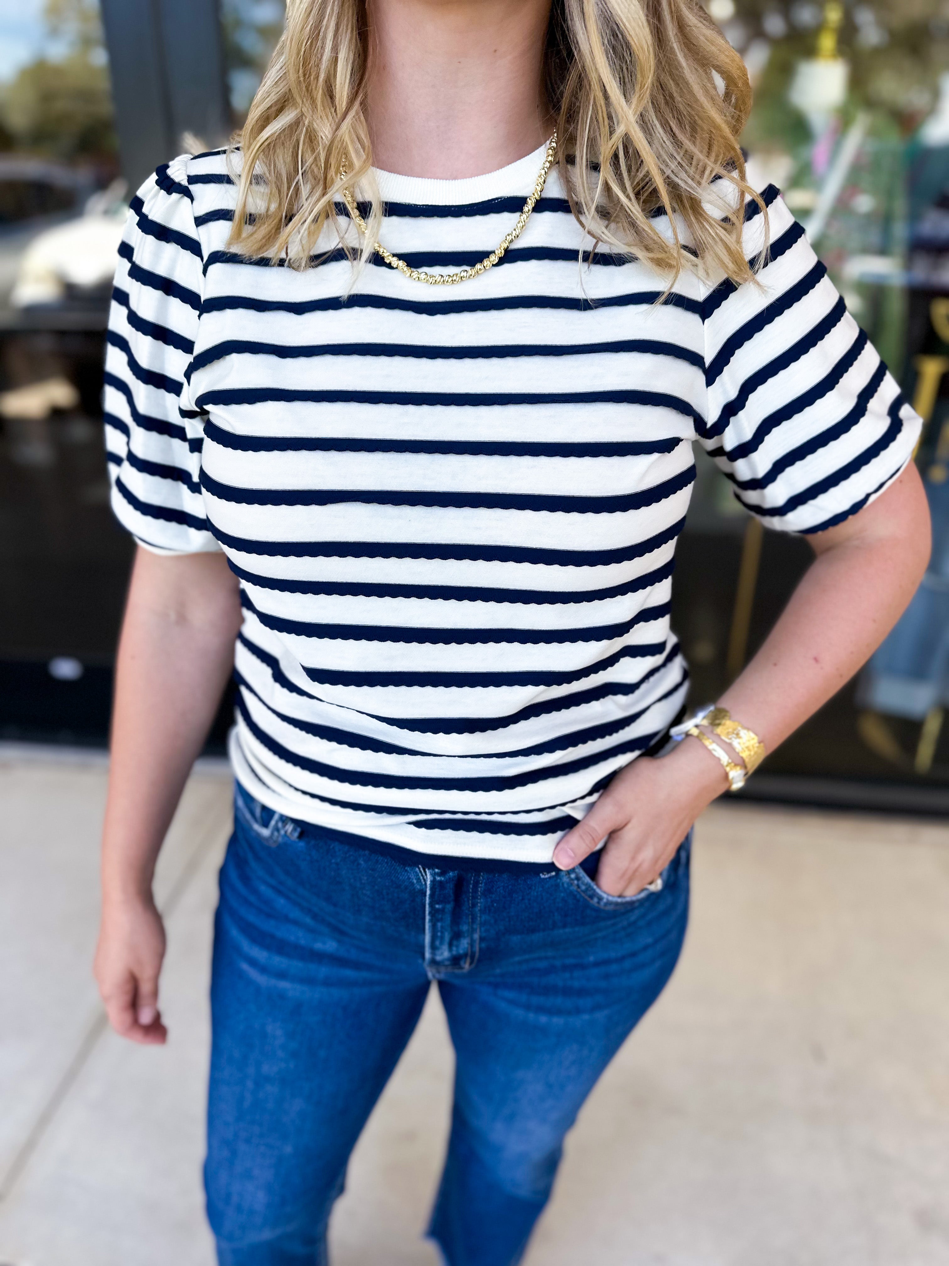 Striped Round Neck Tee - Navy-210 Casual Blouses-POLOGRAM-July & June Women's Fashion Boutique Located in San Antonio, Texas