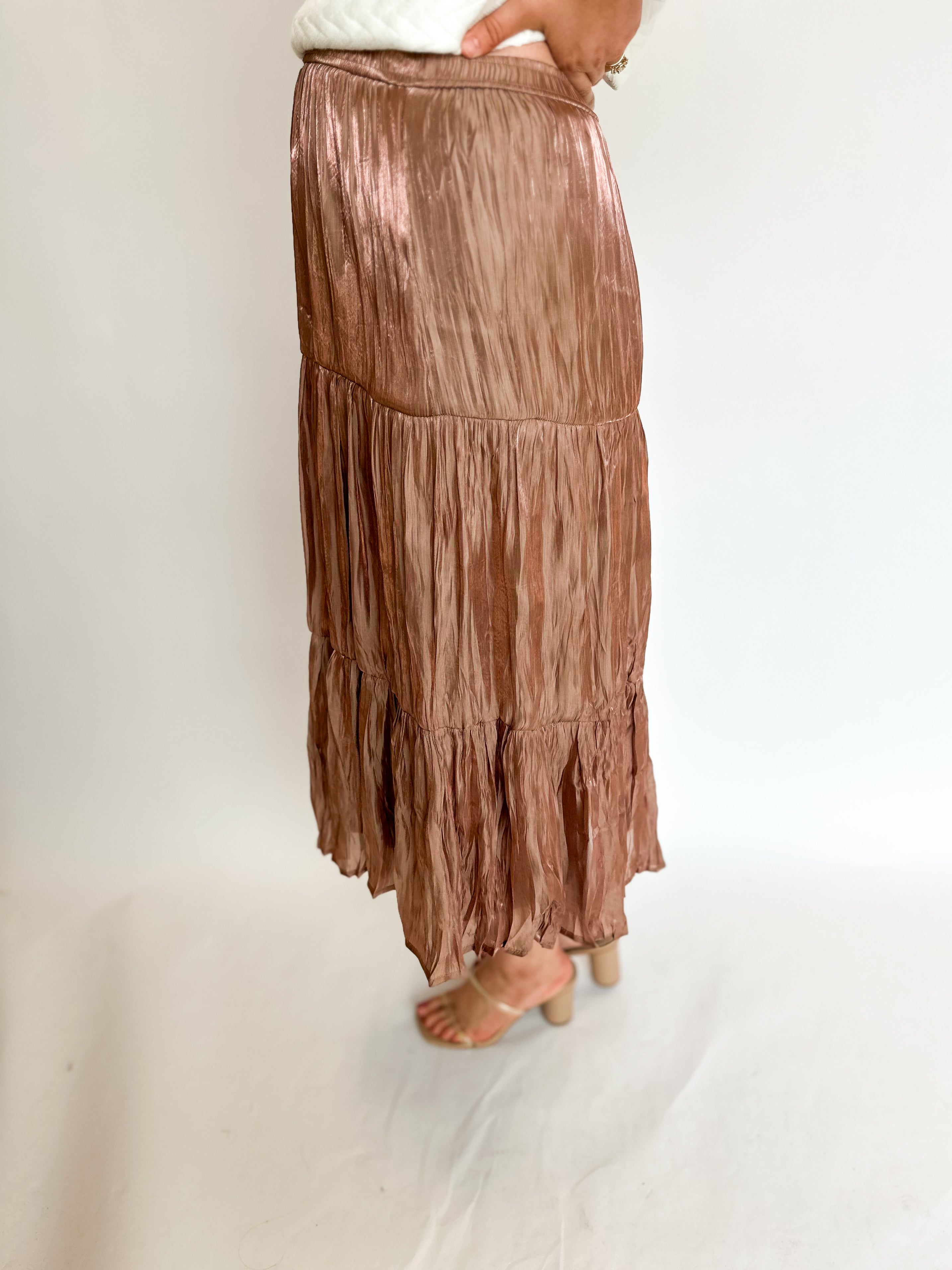 Mocha Shimmer Midi Skirt-410 Shorts/Skirts-ALLIE ROSE-July & June Women's Fashion Boutique Located in San Antonio, Texas