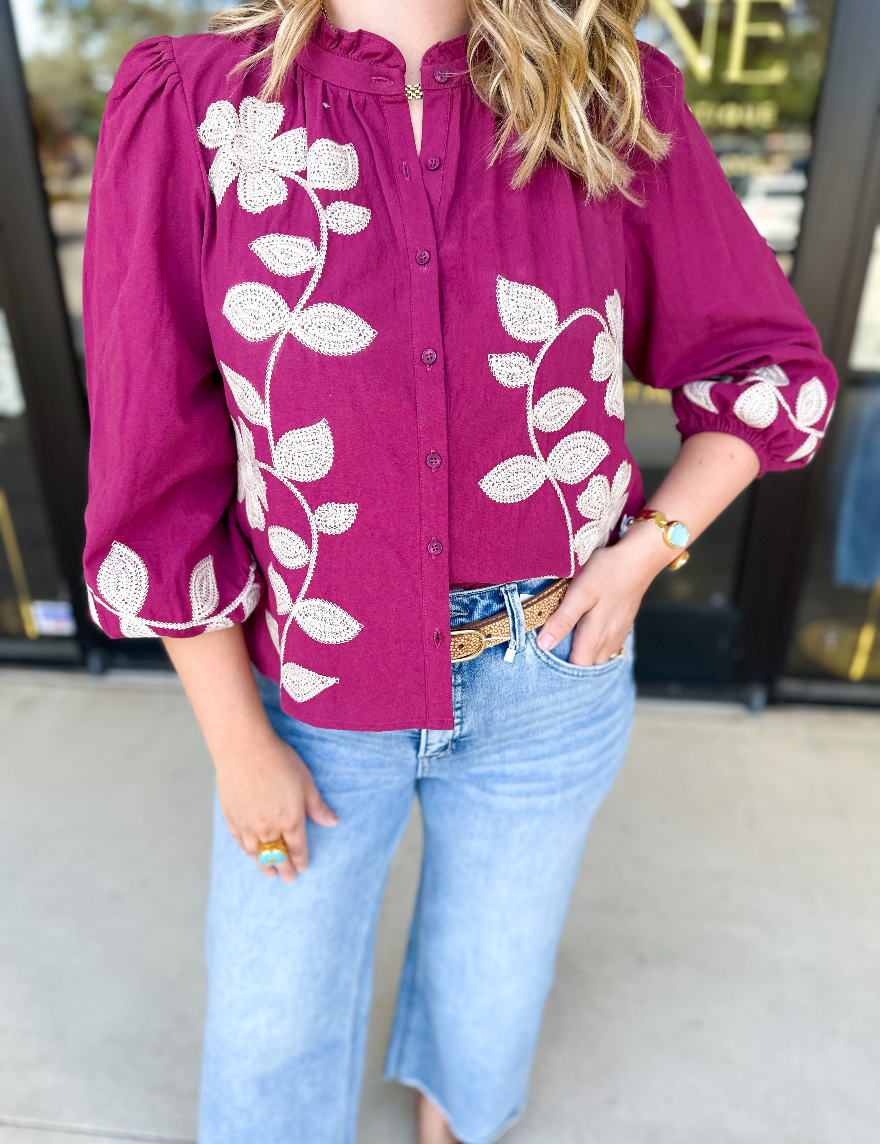 Mallory Embroidered Blouse - Magenta-200 Fashion Blouses-ABLE-July & June Women's Fashion Boutique Located in San Antonio, Texas