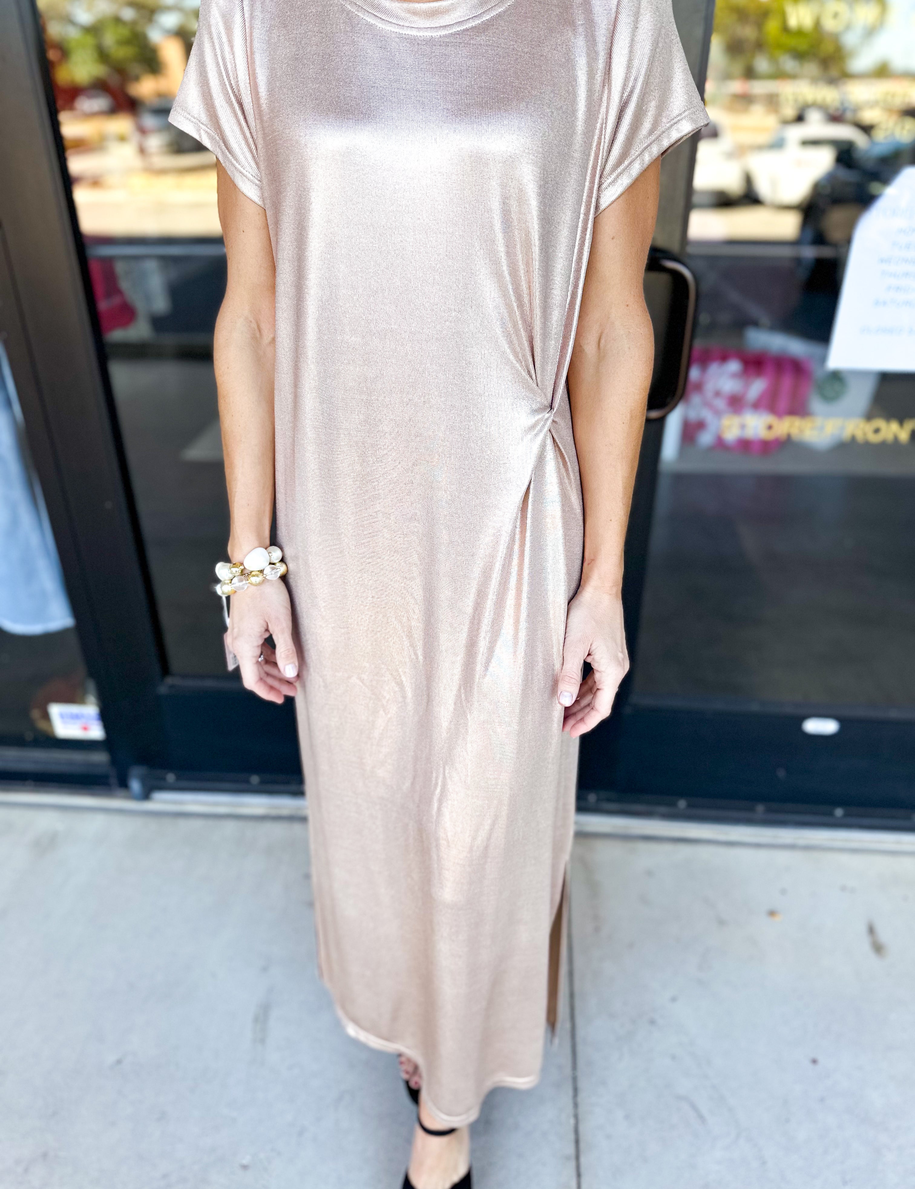 Rose Gold Shimmer Midi Dress-500 Midi-JODIFL-July & June Women's Fashion Boutique Located in San Antonio, Texas