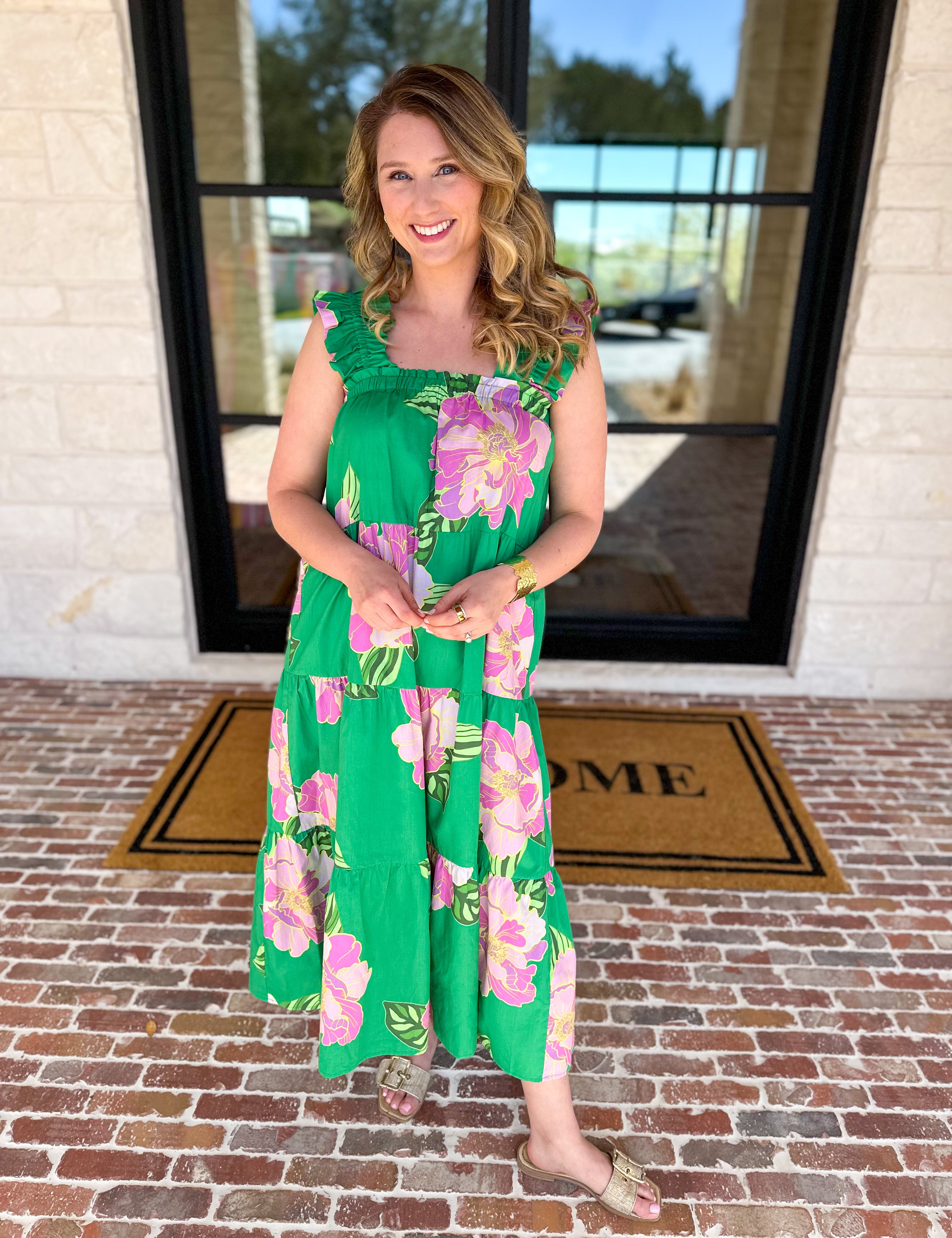 THML - Kelly Green Floral Tiered Midi Dress-500 Midi-THML-July & June Women's Fashion Boutique Located in San Antonio, Texas