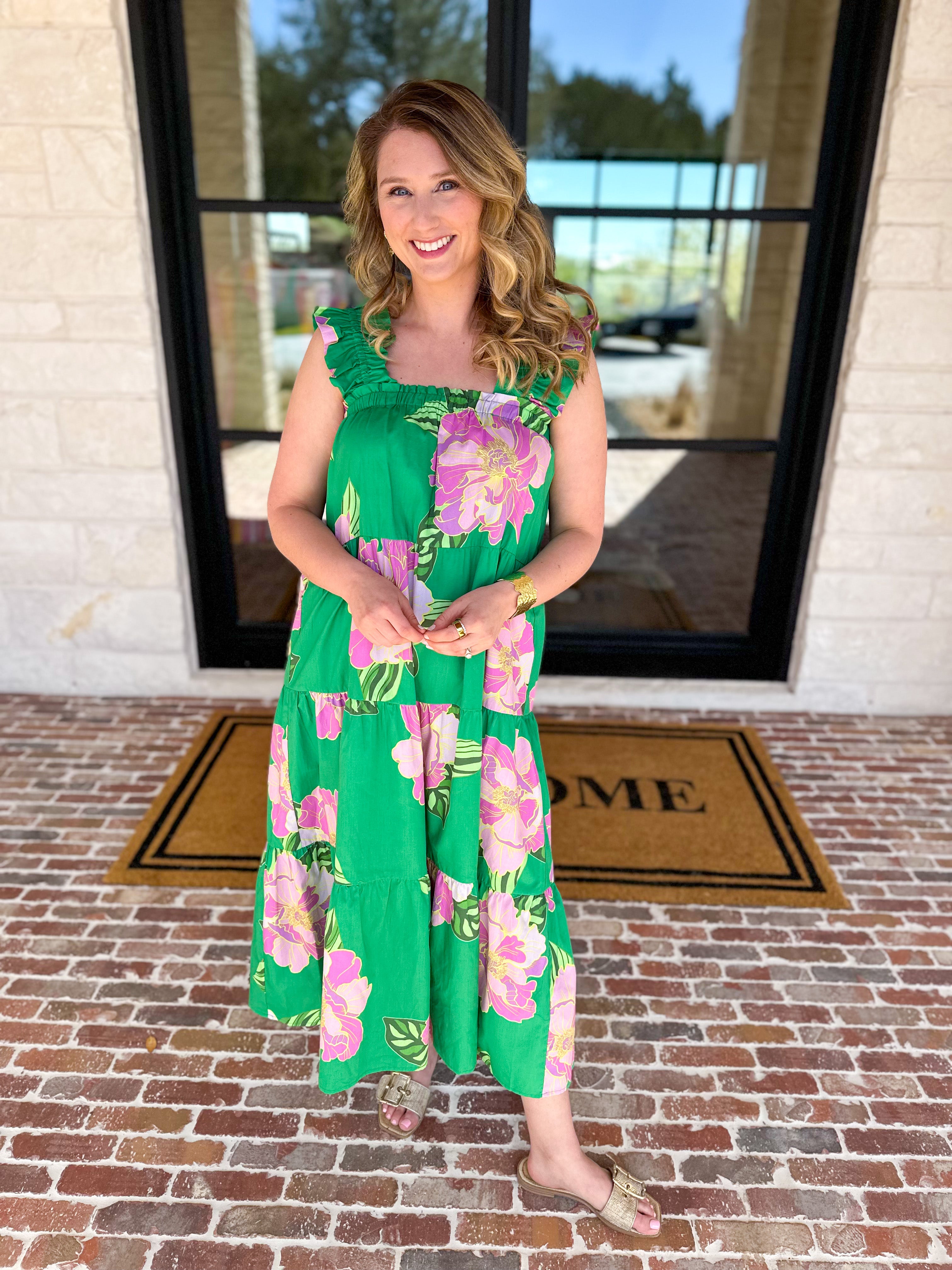 THML - Kelly Green Floral Tiered Midi Dress-500 Midi-THML-July & June Women's Fashion Boutique Located in San Antonio, Texas