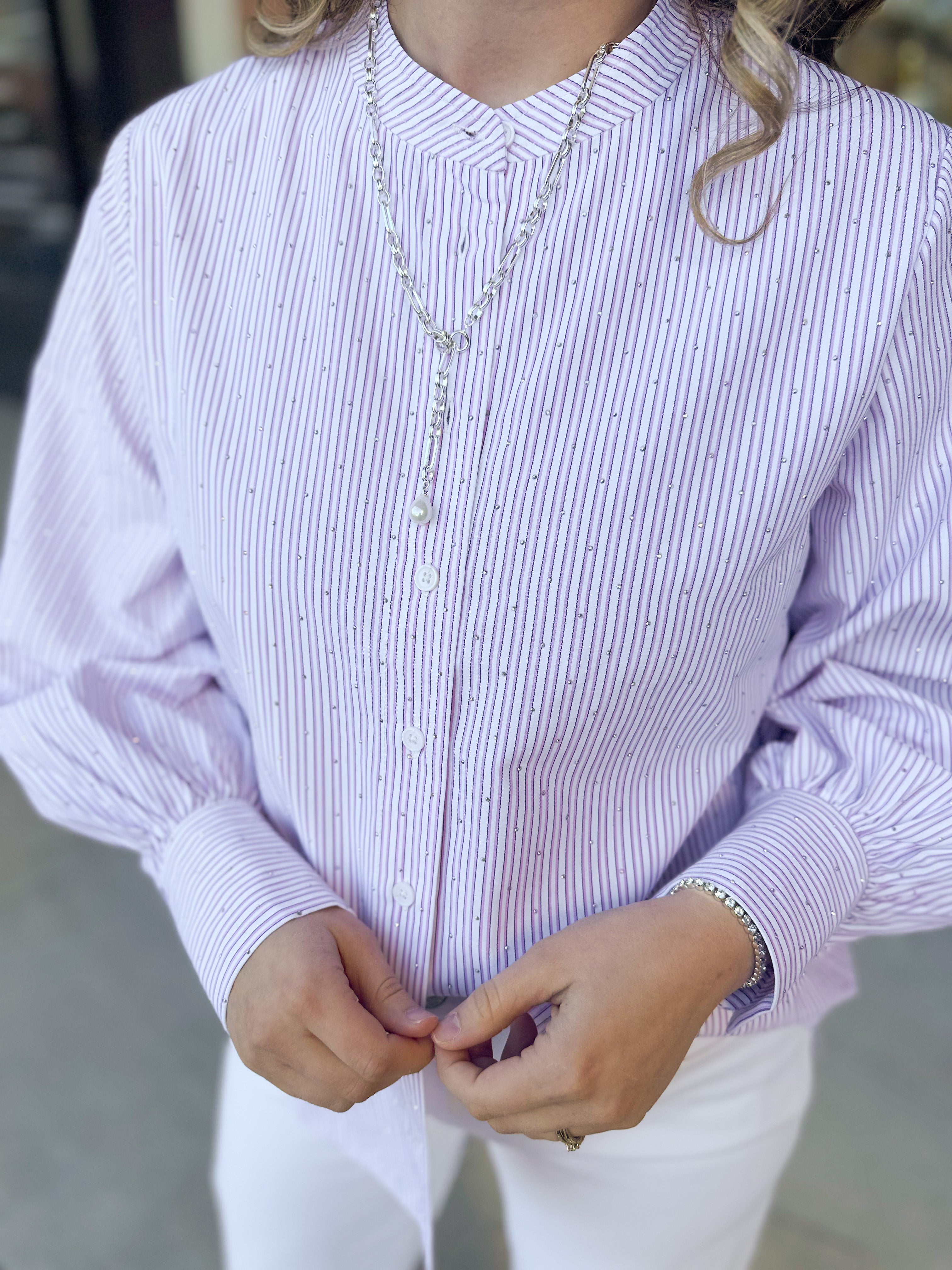 Current Air - Rhinestone Button Down Blouse - Light Pink-200 Fashion Blouses-CURRENT AIR CLOTHING-July & June Women's Fashion Boutique Located in San Antonio, Texas