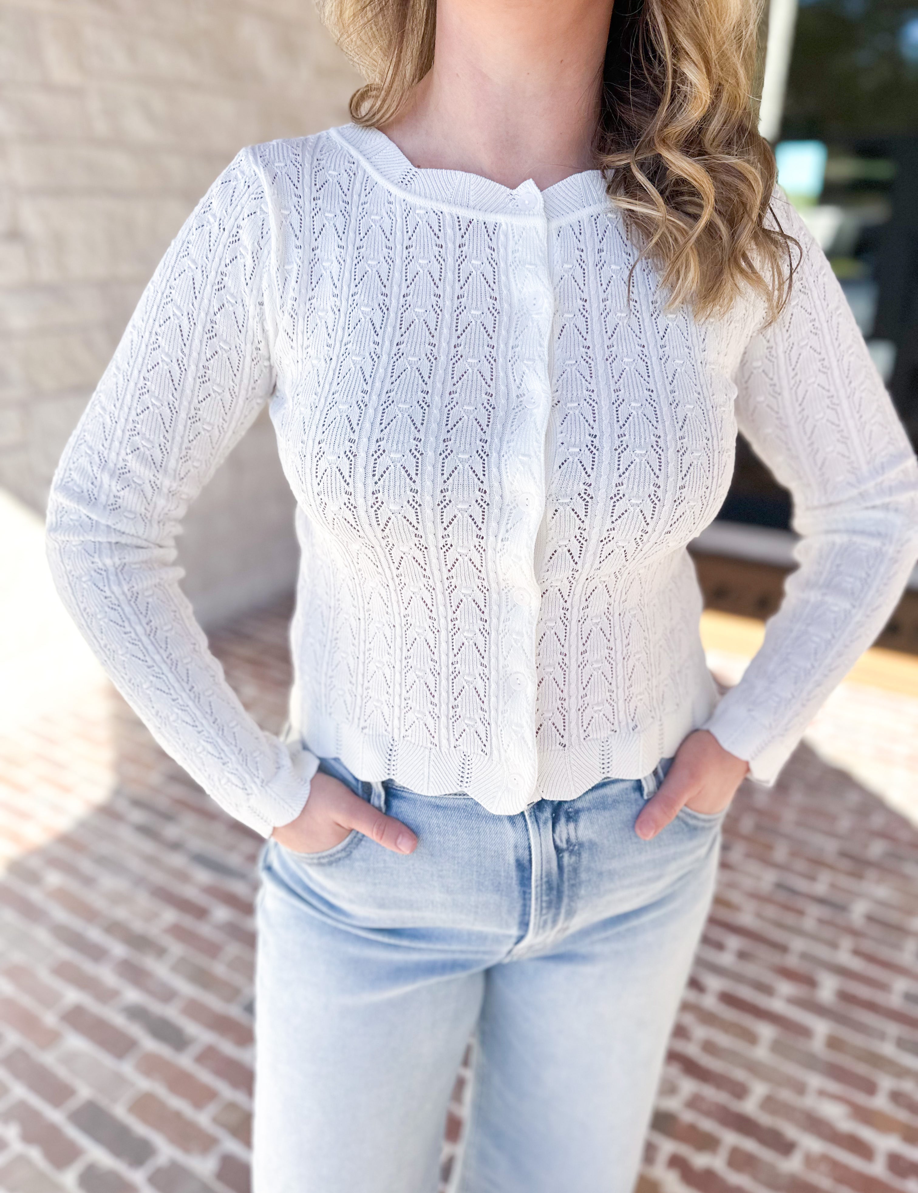 Pointelle Cardigan - Ivory-230 Sweaters/Cardis-ALLIE ROSE-July & June Women's Fashion Boutique Located in San Antonio, Texas