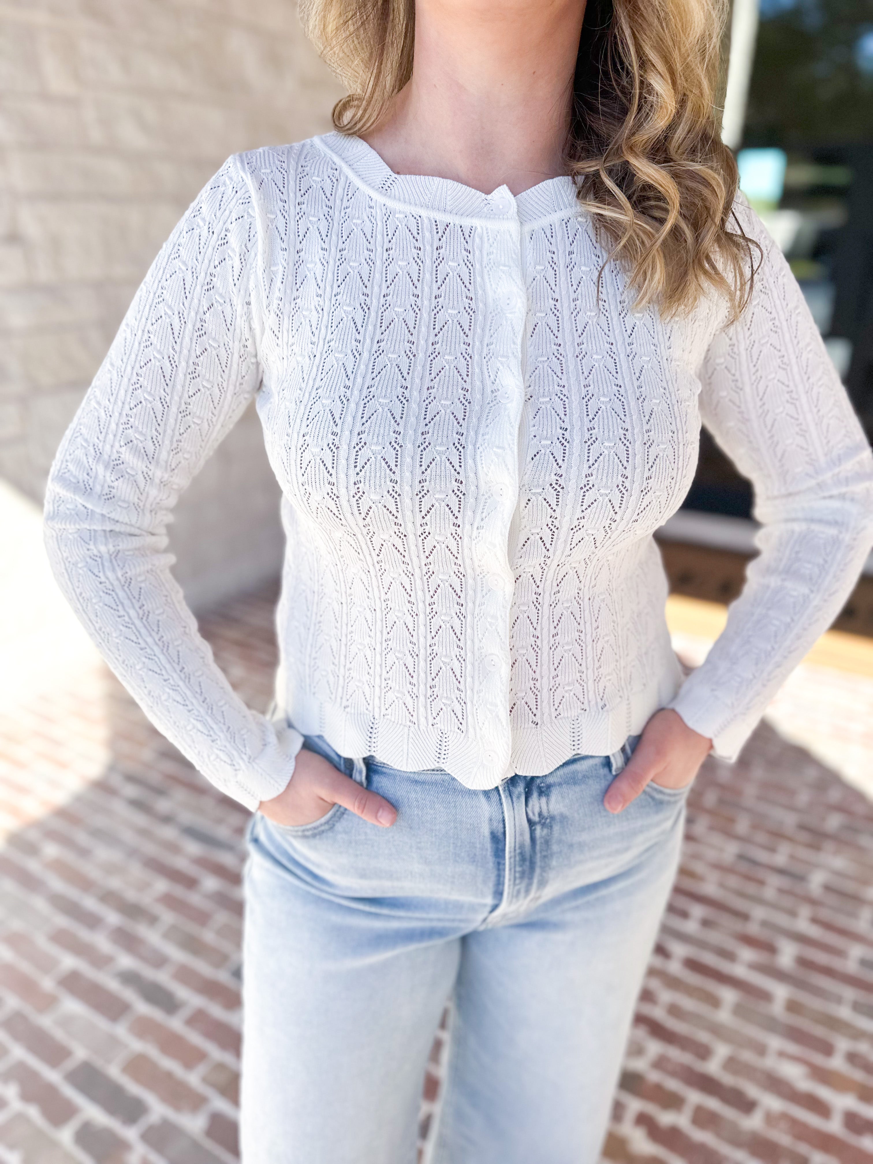 Pointelle Cardigan - Ivory-230 Sweaters/Cardis-ALLIE ROSE-July & June Women's Fashion Boutique Located in San Antonio, Texas